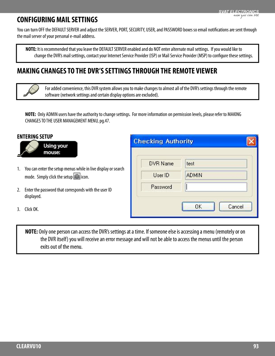 SVAT Electronics CLEARVU10 instruction manual Configuring Mail Settings, Entering Setup 