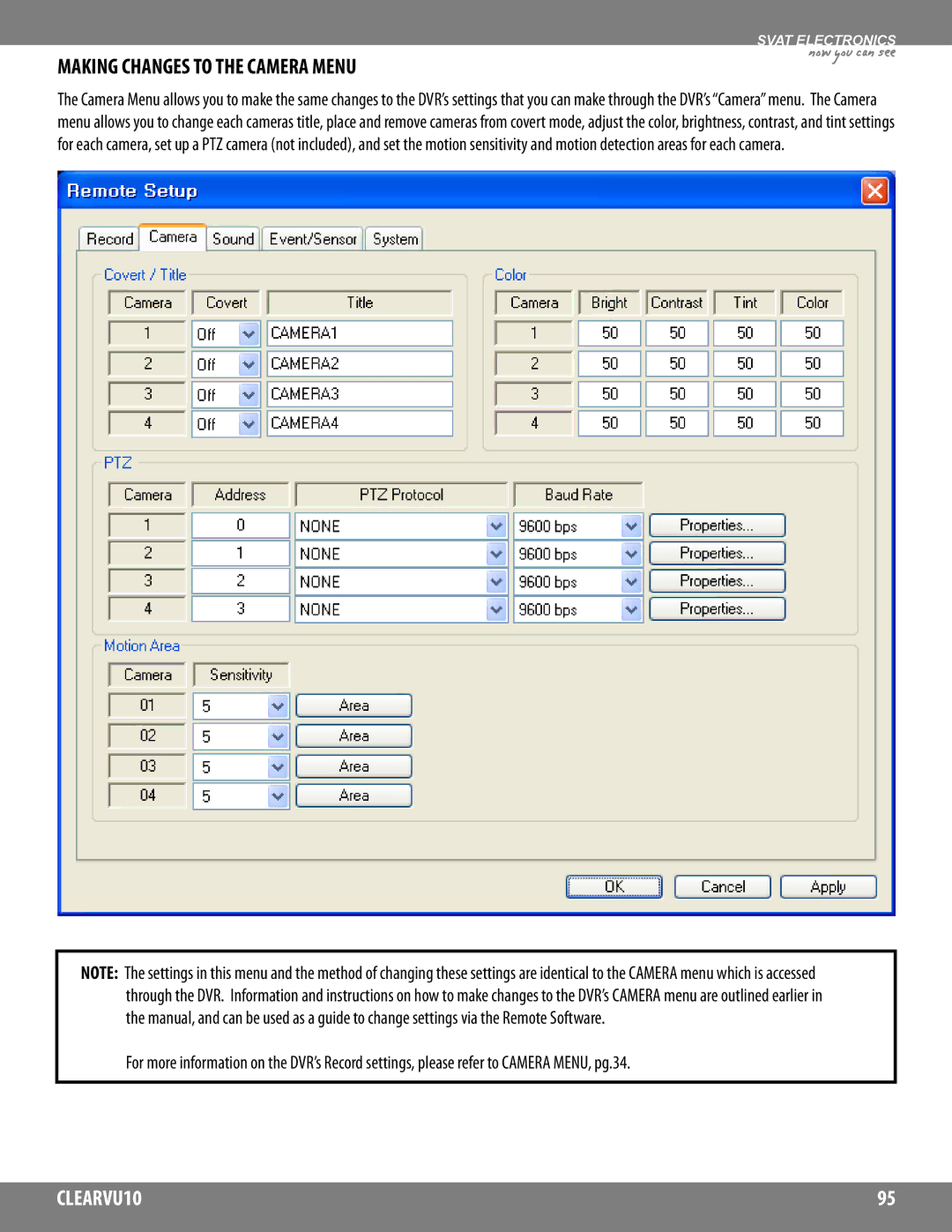 SVAT Electronics CLEARVU10 instruction manual Making Changes to the Camera Menu 