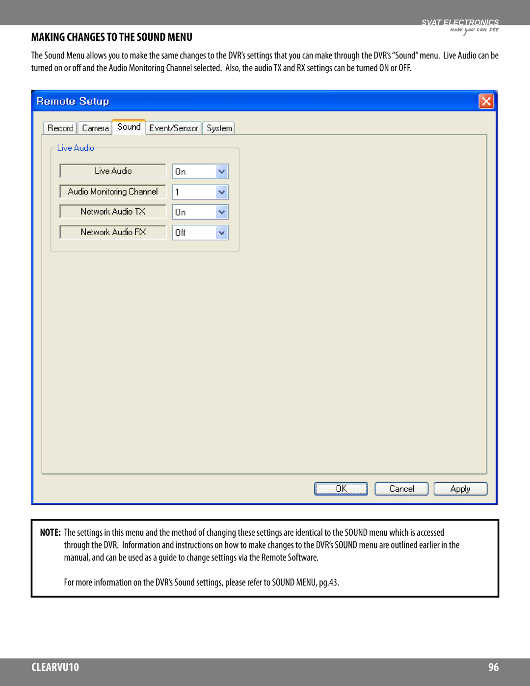 SVAT Electronics CLEARVU10 instruction manual Making Changes to the Sound Menu 