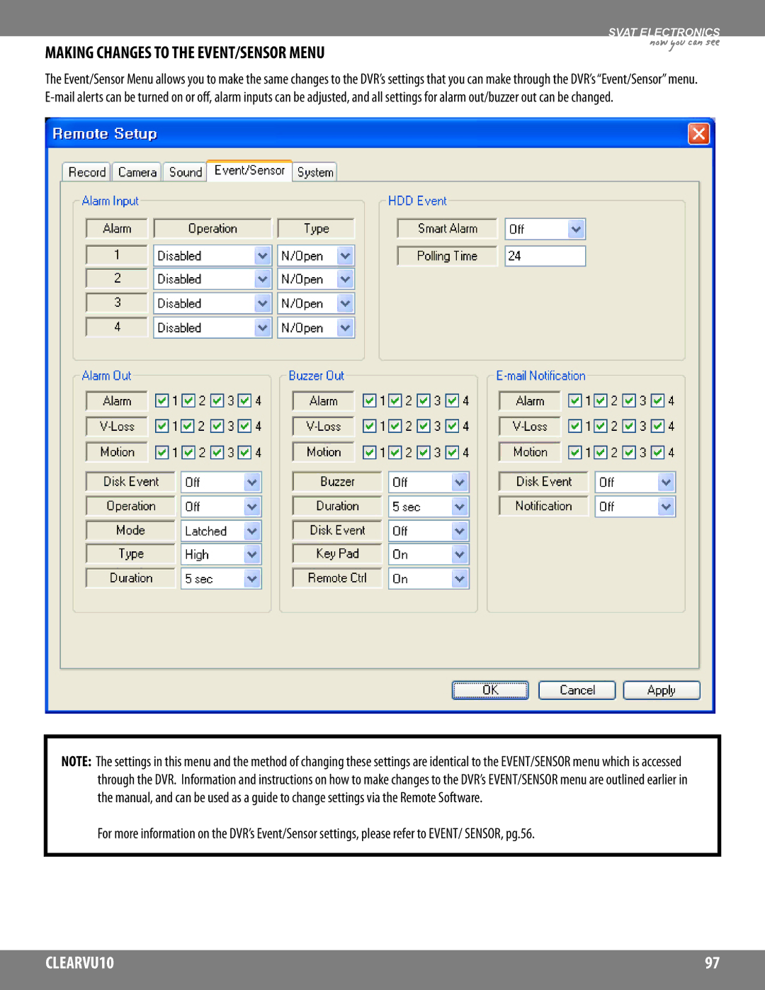 SVAT Electronics CLEARVU10 instruction manual Making Changes to the EVENT/SENSOR Menu 