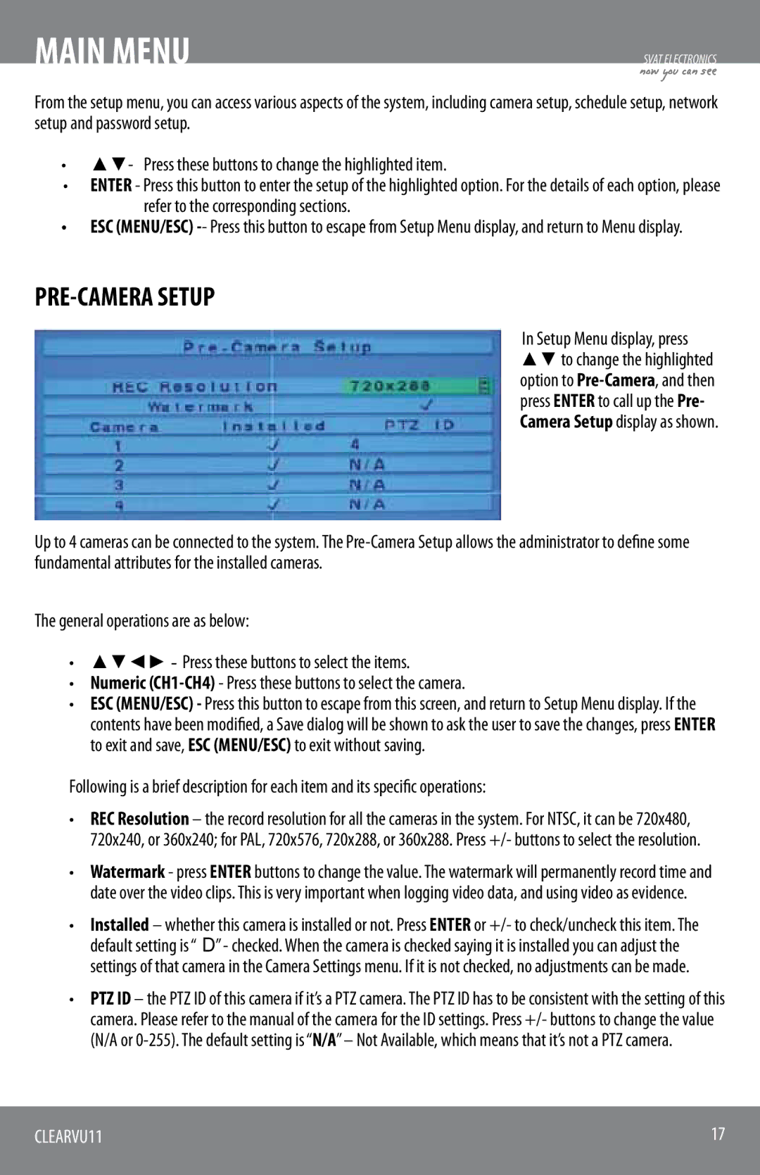 SVAT Electronics CLEARVU11 instruction manual PRE-CAMERA Setup 