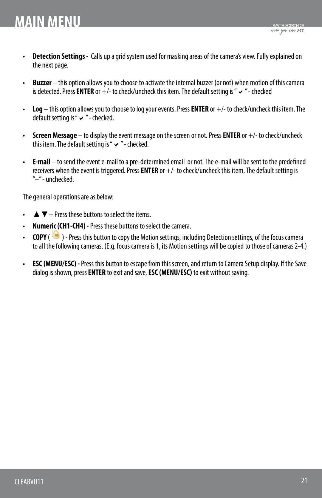 SVAT Electronics CLEARVU11 instruction manual Main Menu 