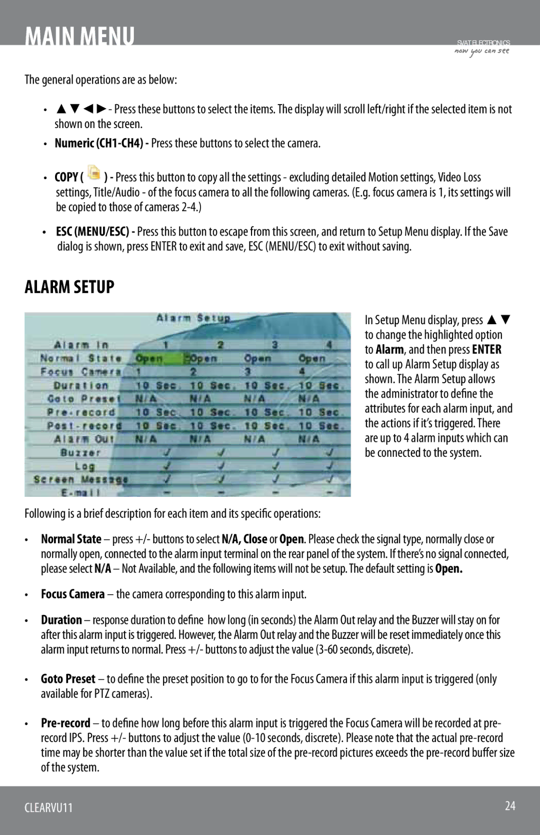 SVAT Electronics CLEARVU11 instruction manual Alarm Setup, Focus Camera the camera corresponding to this alarm input 