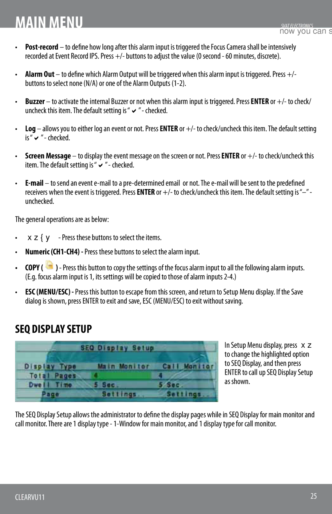 SVAT Electronics CLEARVU11 instruction manual SEQ Display Setup 