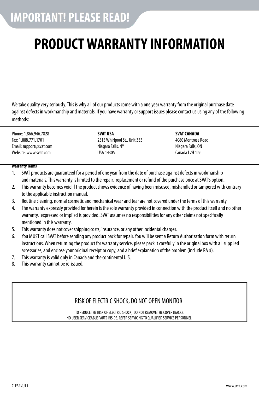 SVAT Electronics CLEARVU11 instruction manual Product Warranty Information 