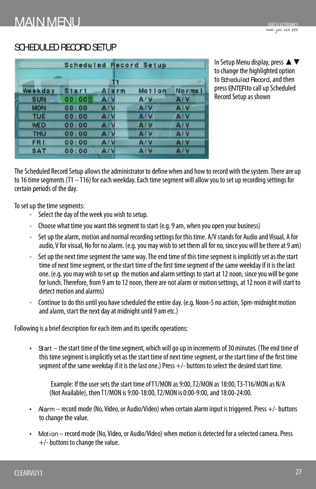 SVAT Electronics CLEARVU11 instruction manual Scheduled Record Setup 