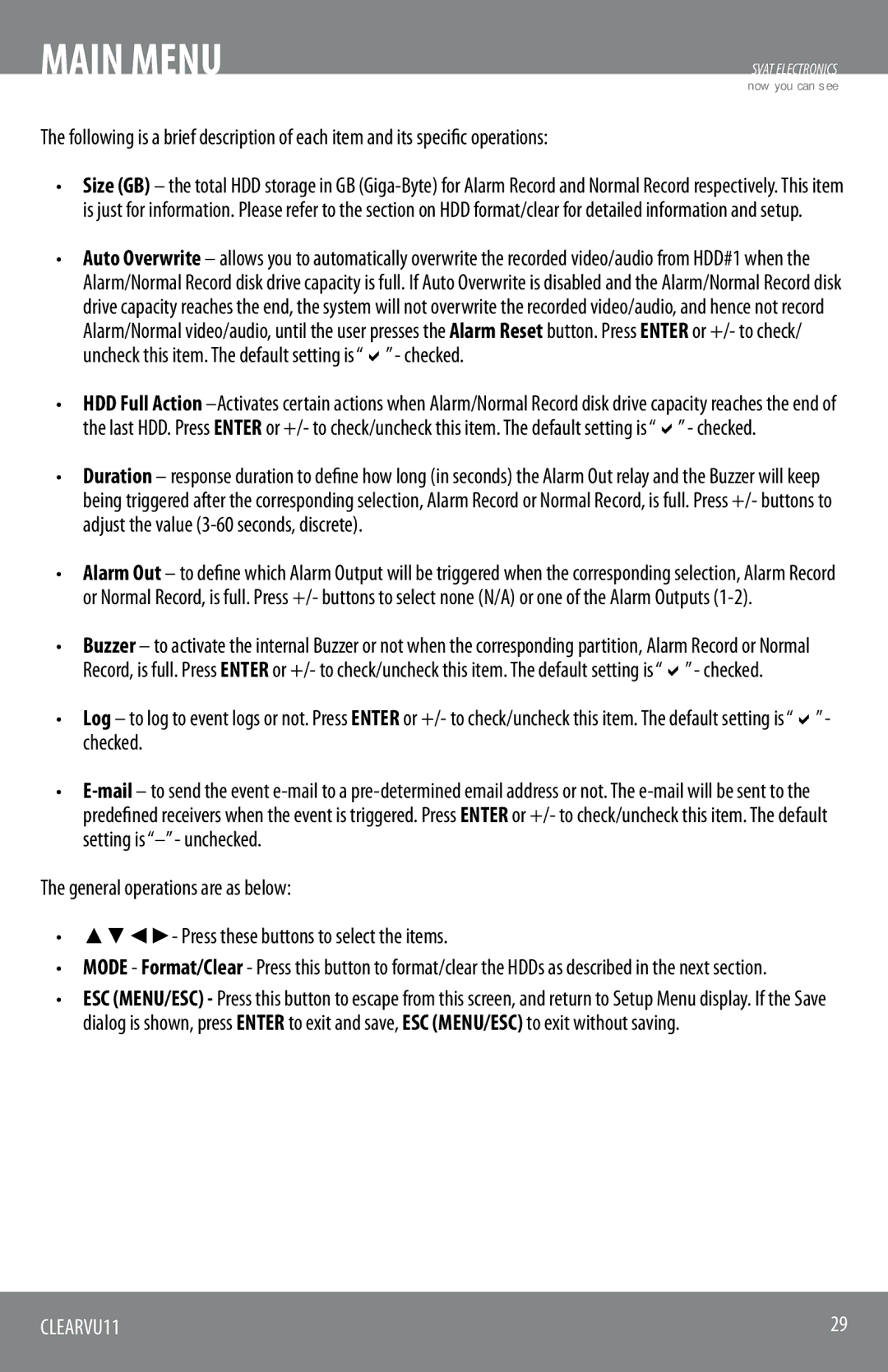 SVAT Electronics CLEARVU11 instruction manual Main Menu 