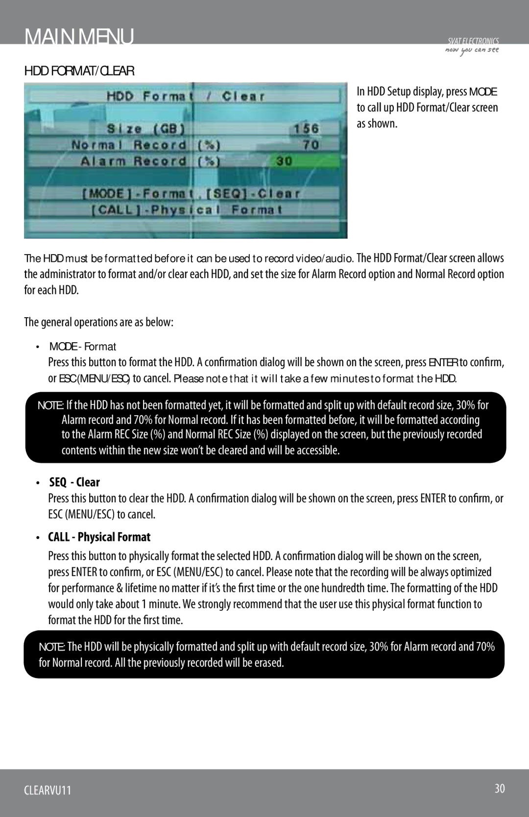 SVAT Electronics CLEARVU11 instruction manual Mode Format, SEQ Clear, Call Physical Format 