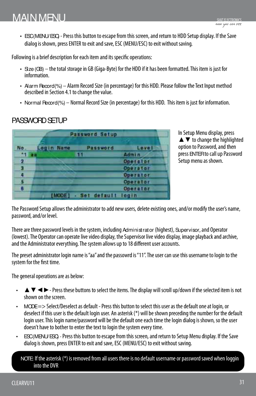 SVAT Electronics CLEARVU11 instruction manual Password Setup 