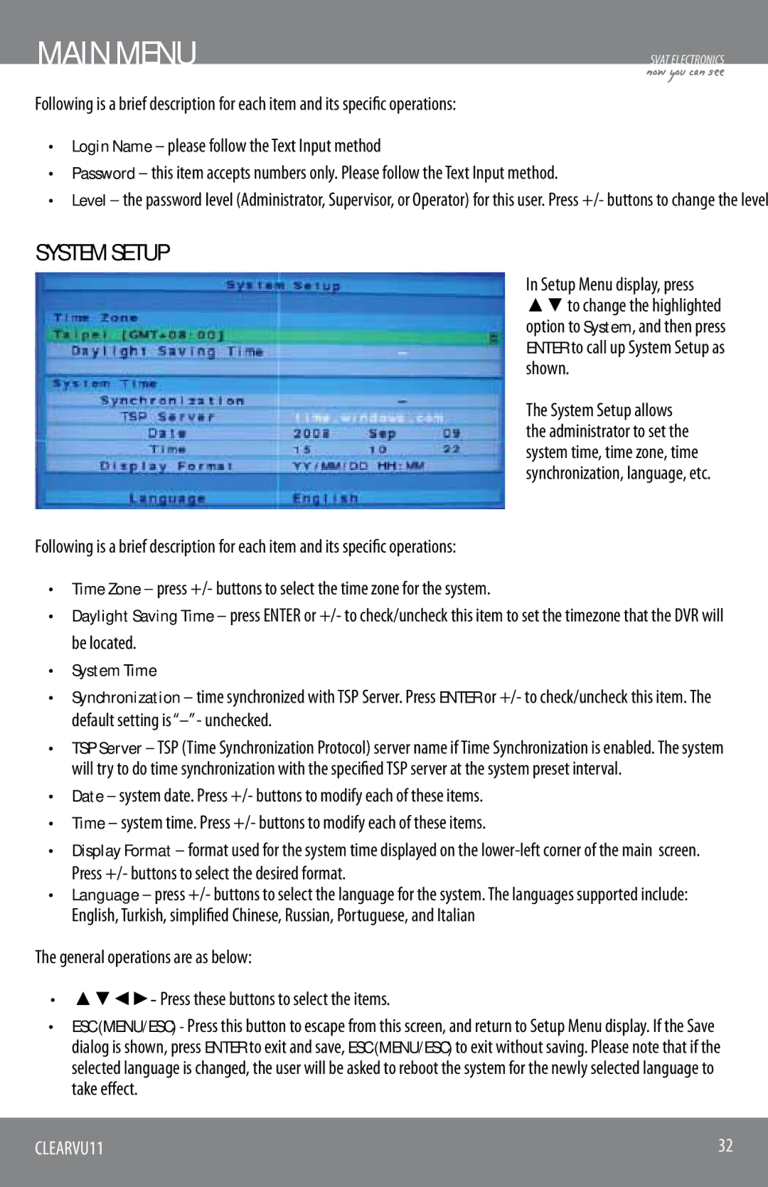 SVAT Electronics CLEARVU11 instruction manual System Setup, System Time 