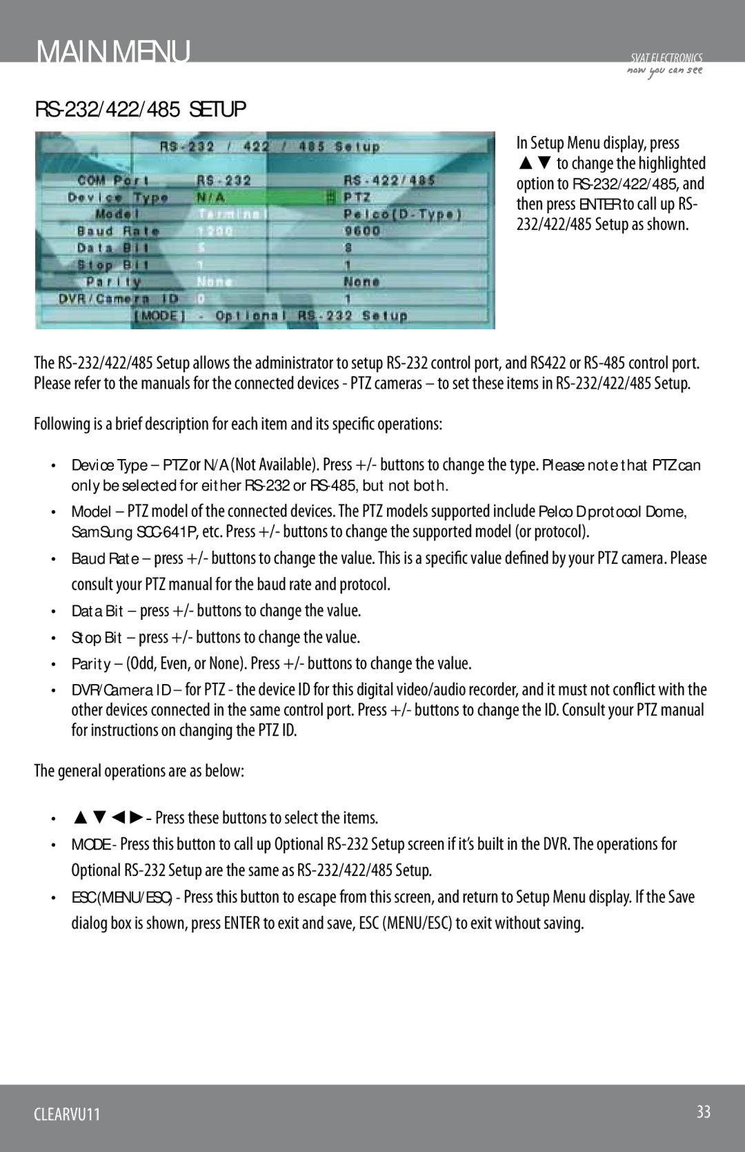 SVAT Electronics CLEARVU11 instruction manual RS-232/422/485 Setup 