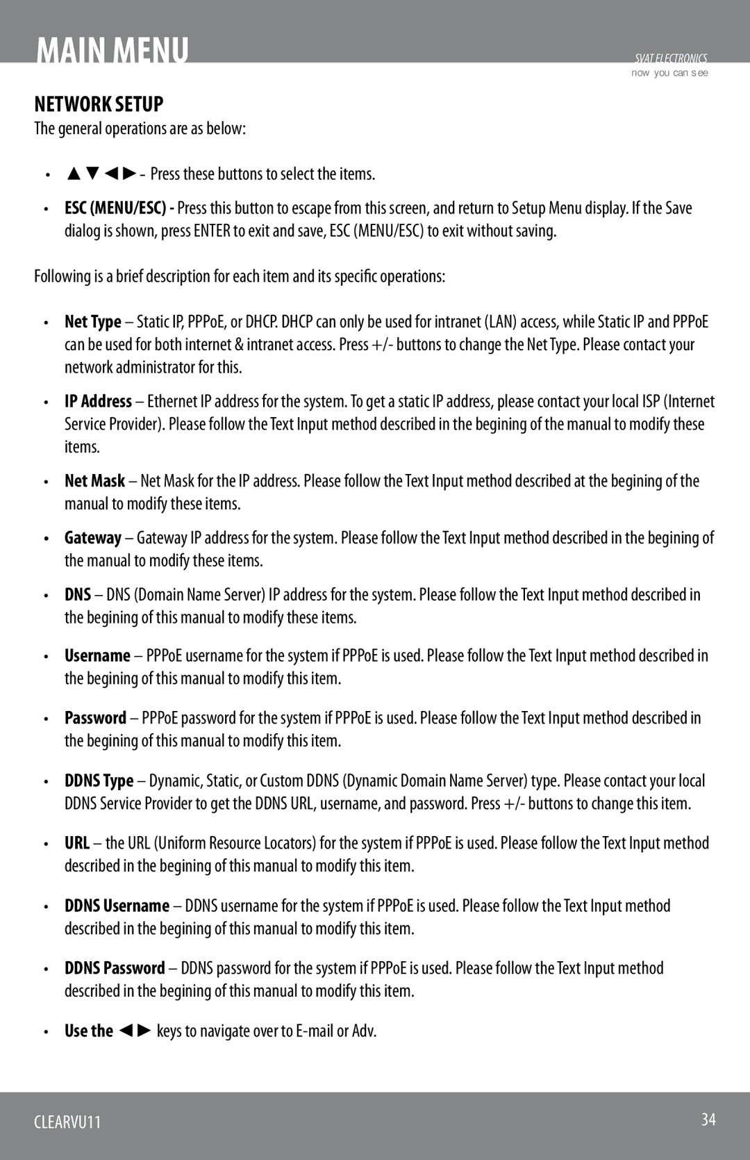 SVAT Electronics CLEARVU11 instruction manual Network Setup, Use the keys to navigate over to E-mail or Adv 