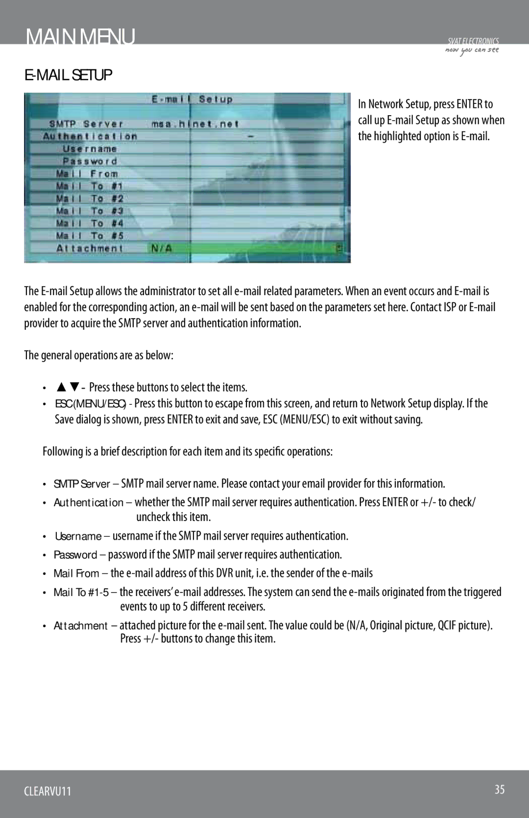 SVAT Electronics CLEARVU11 instruction manual Mail Setup 