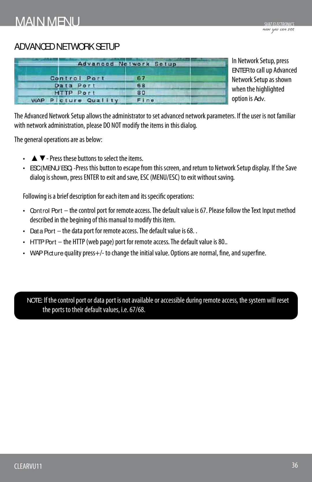 SVAT Electronics CLEARVU11 instruction manual Advanced Network Setup 