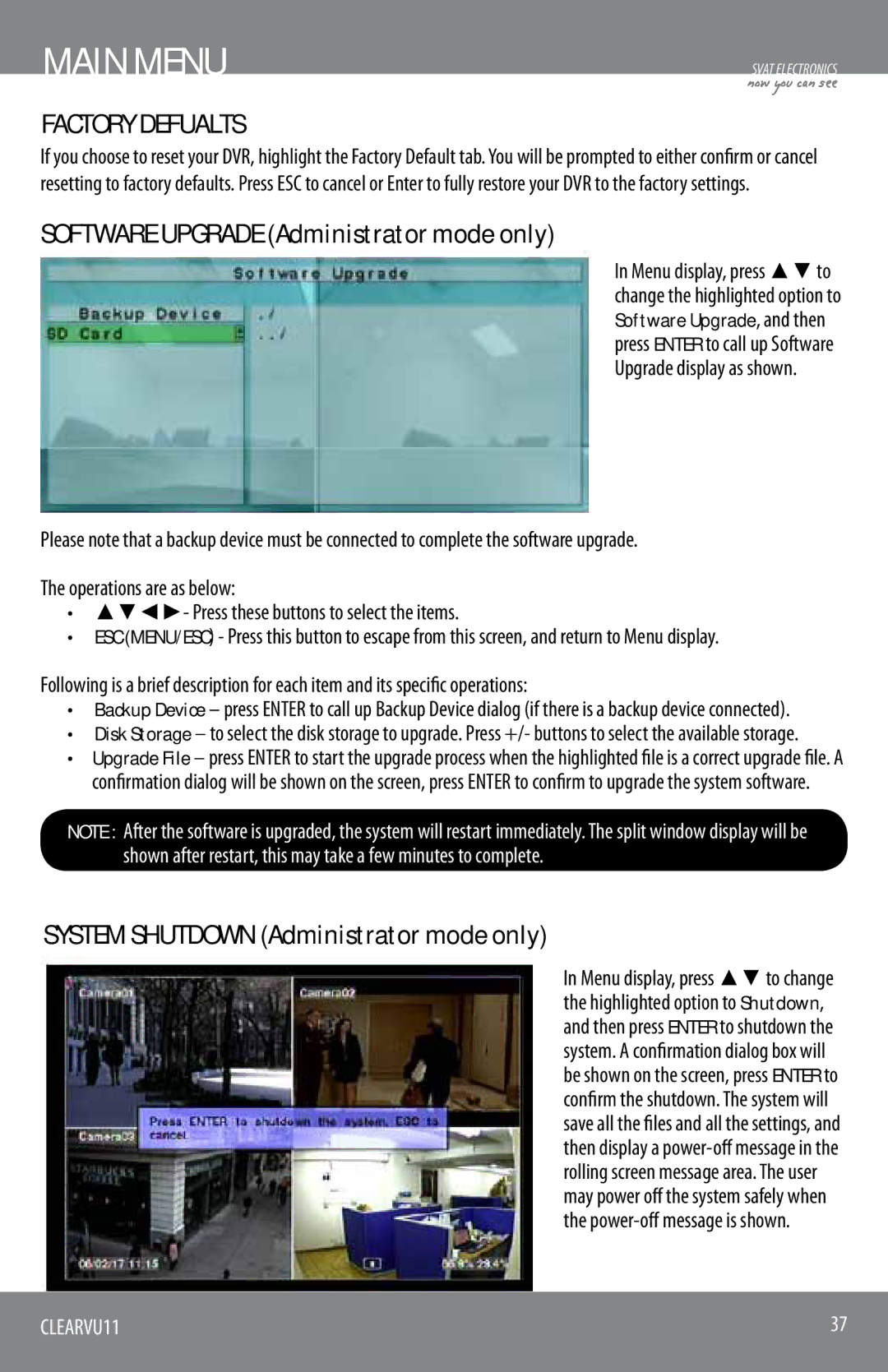 SVAT Electronics CLEARVU11 instruction manual Factory Defualts, Software Upgrade Administrator mode only 