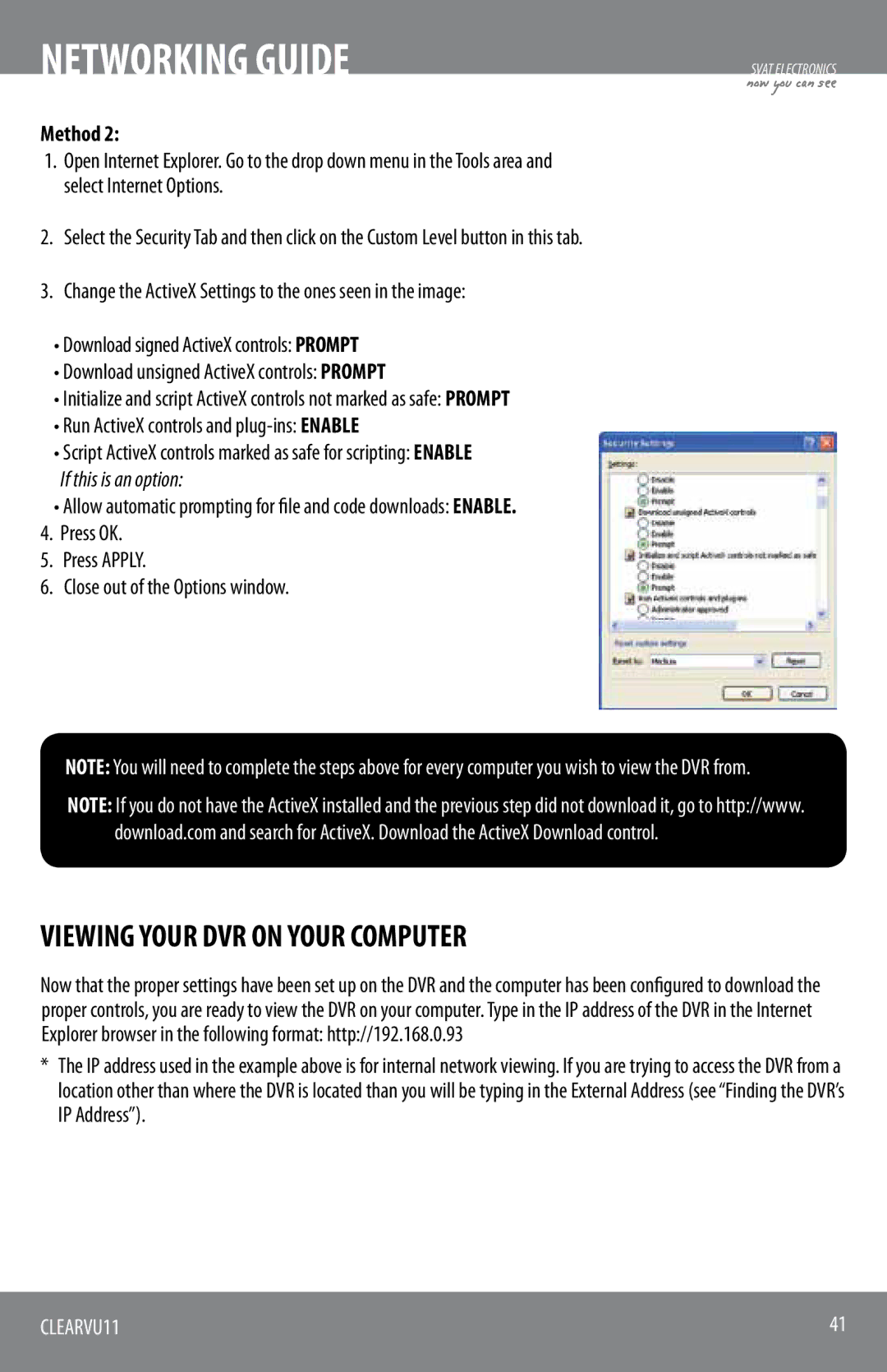 SVAT Electronics CLEARVU11 instruction manual Viewing Your DVR on Your Computer, Method 