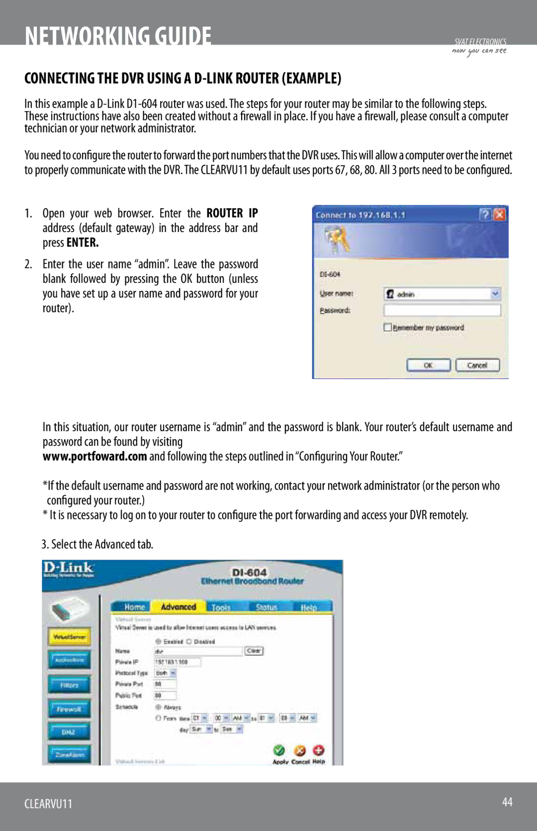 SVAT Electronics CLEARVU11 instruction manual Connecting the DVR Using a D-LINK Router Example, Select the Advanced tab 