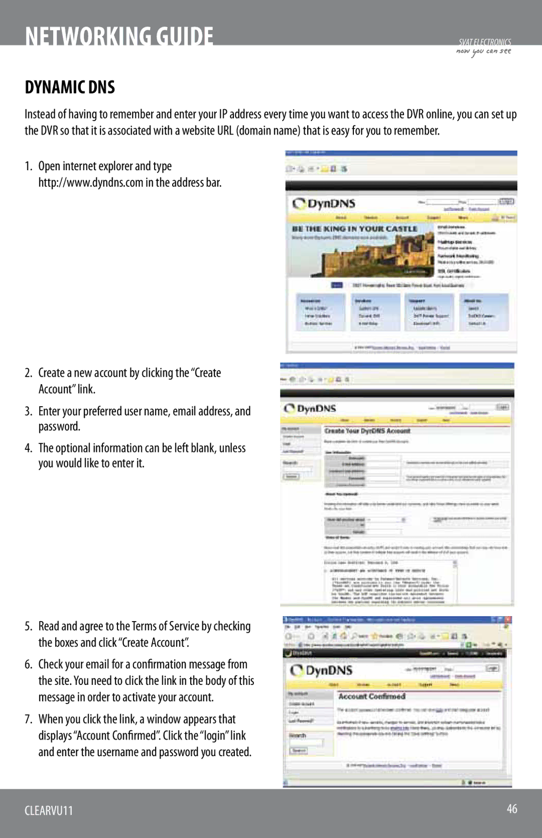 SVAT Electronics CLEARVU11 instruction manual Dynamic DNS, Enter your preferred user name, email address, and password 