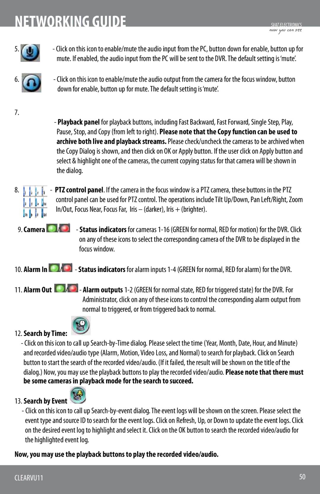 SVAT Electronics CLEARVU11 instruction manual Camera, Focus window, Search by Time, Search by Event 