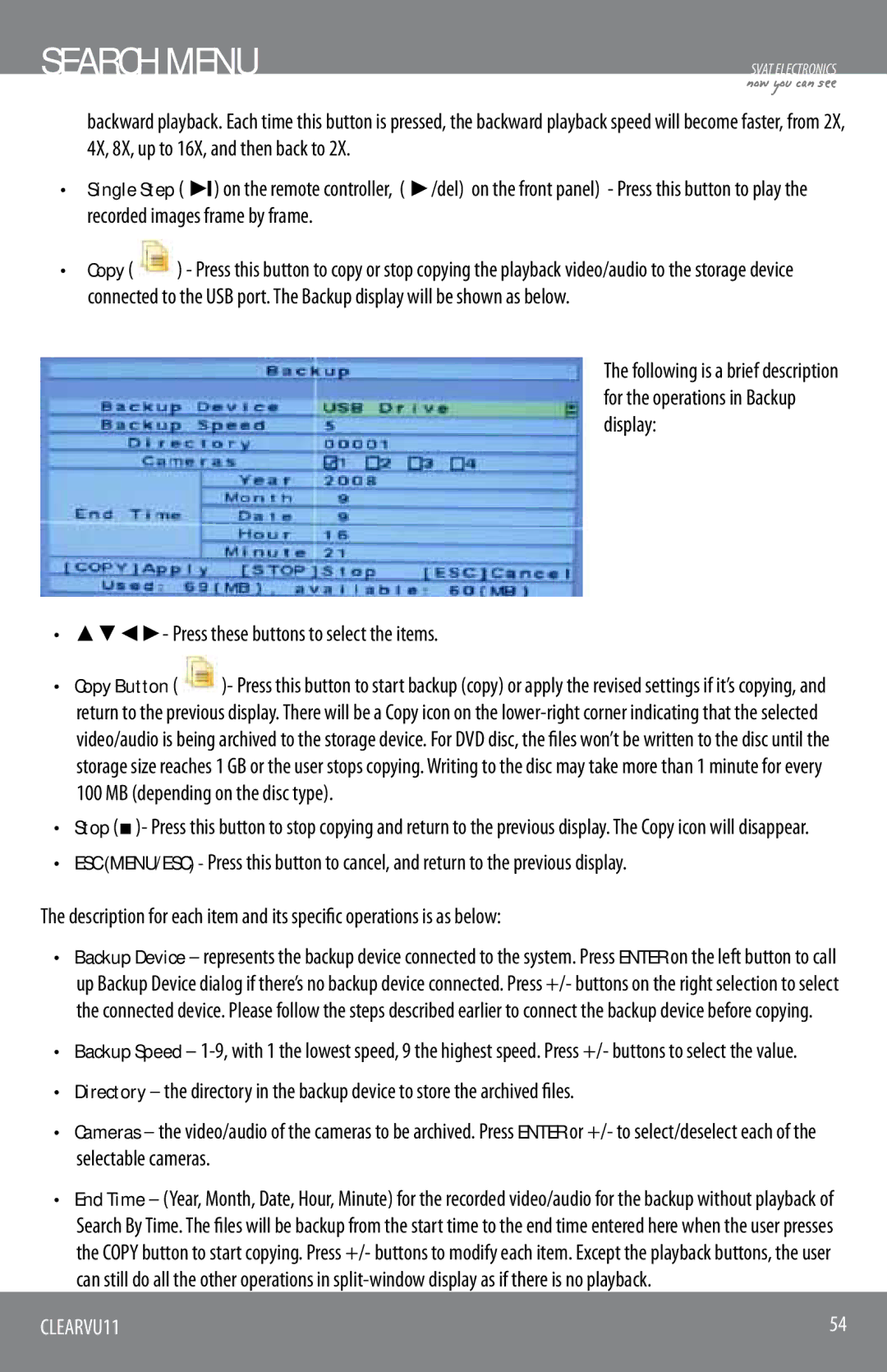 SVAT Electronics CLEARVU11 instruction manual Search Menu, Press these buttons to select the items 