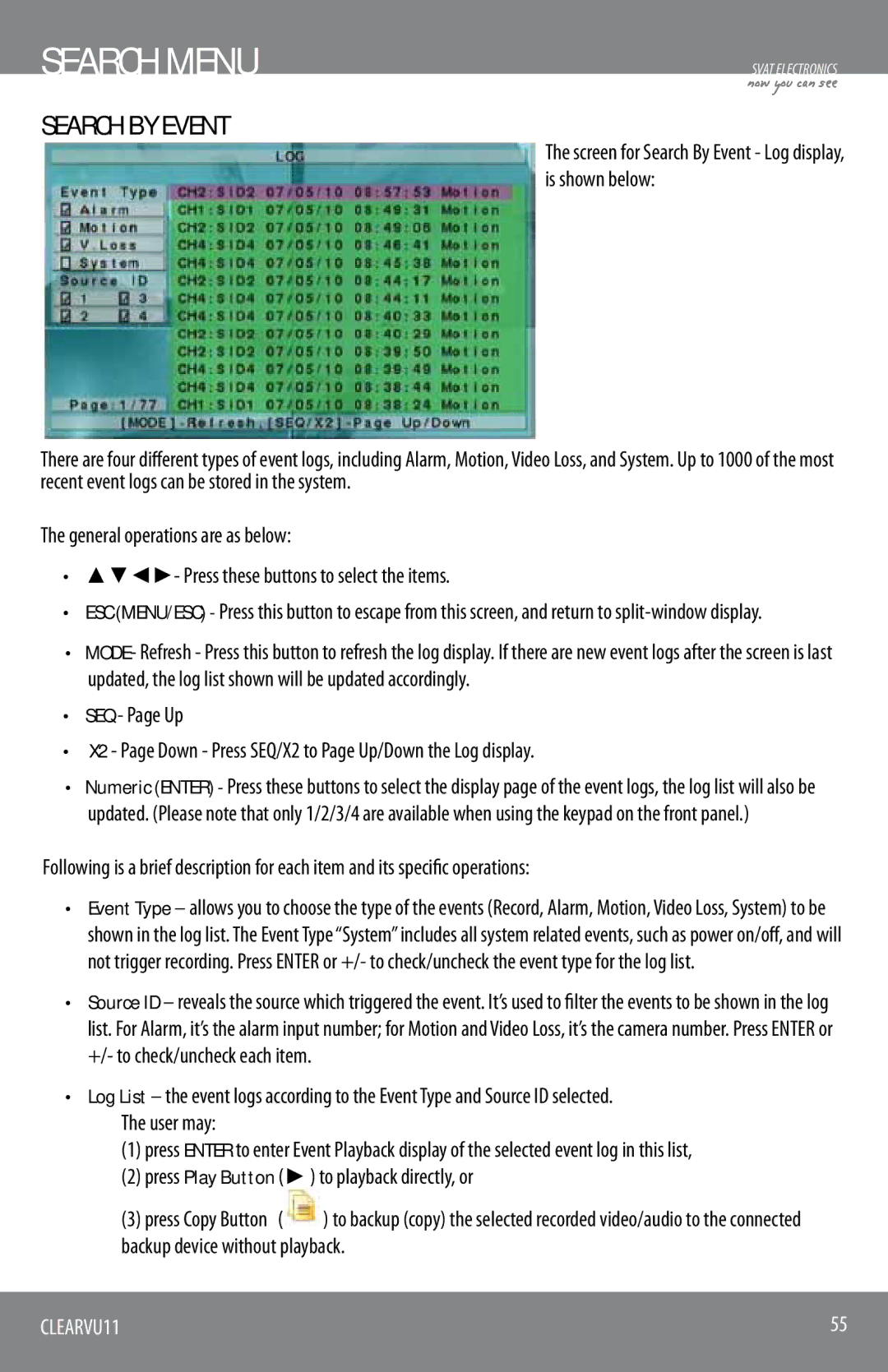 SVAT Electronics CLEARVU11 instruction manual Search by Event 