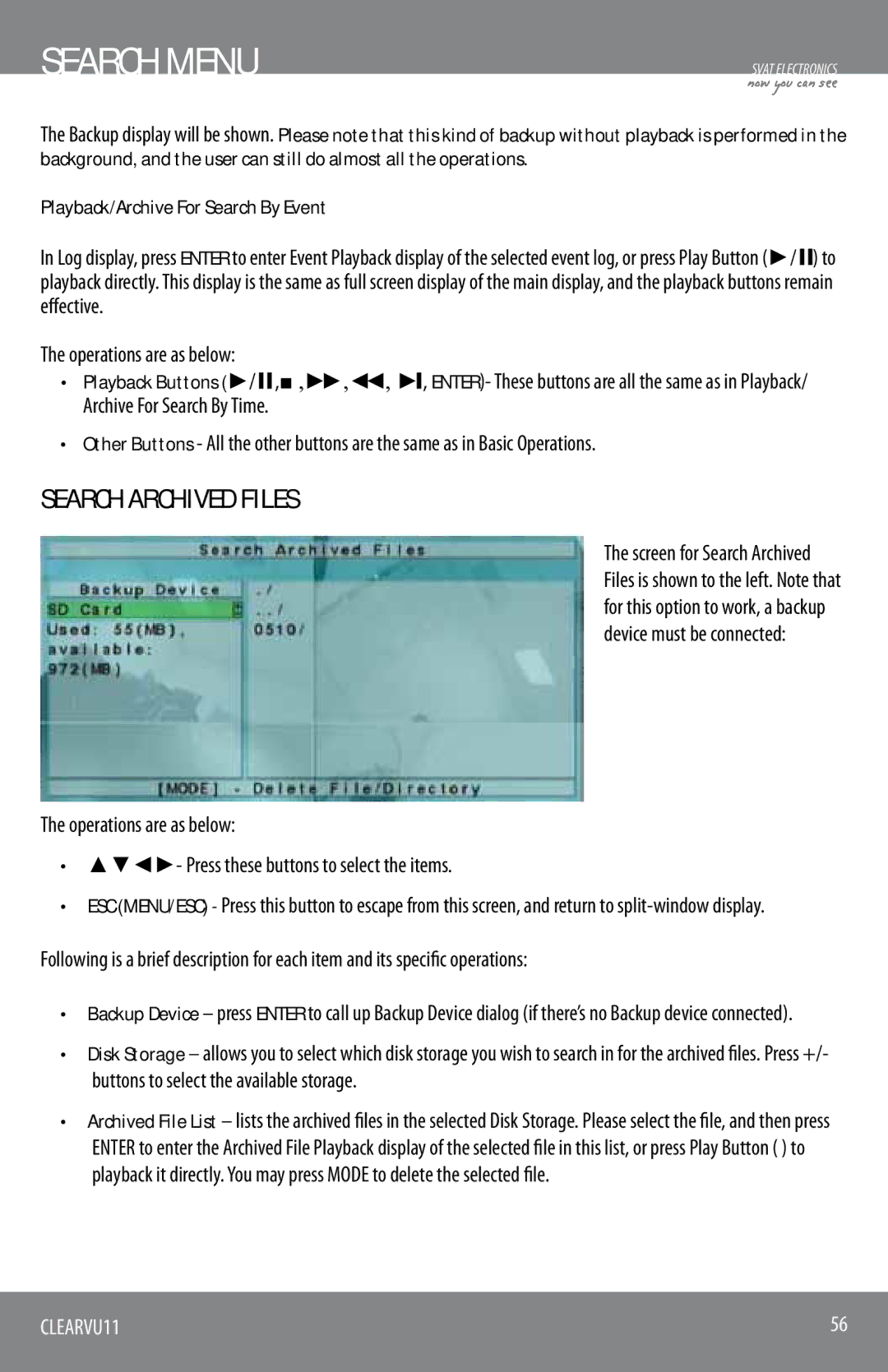 SVAT Electronics CLEARVU11 instruction manual Search Archived Files, Playback/Archive For Search By Event 