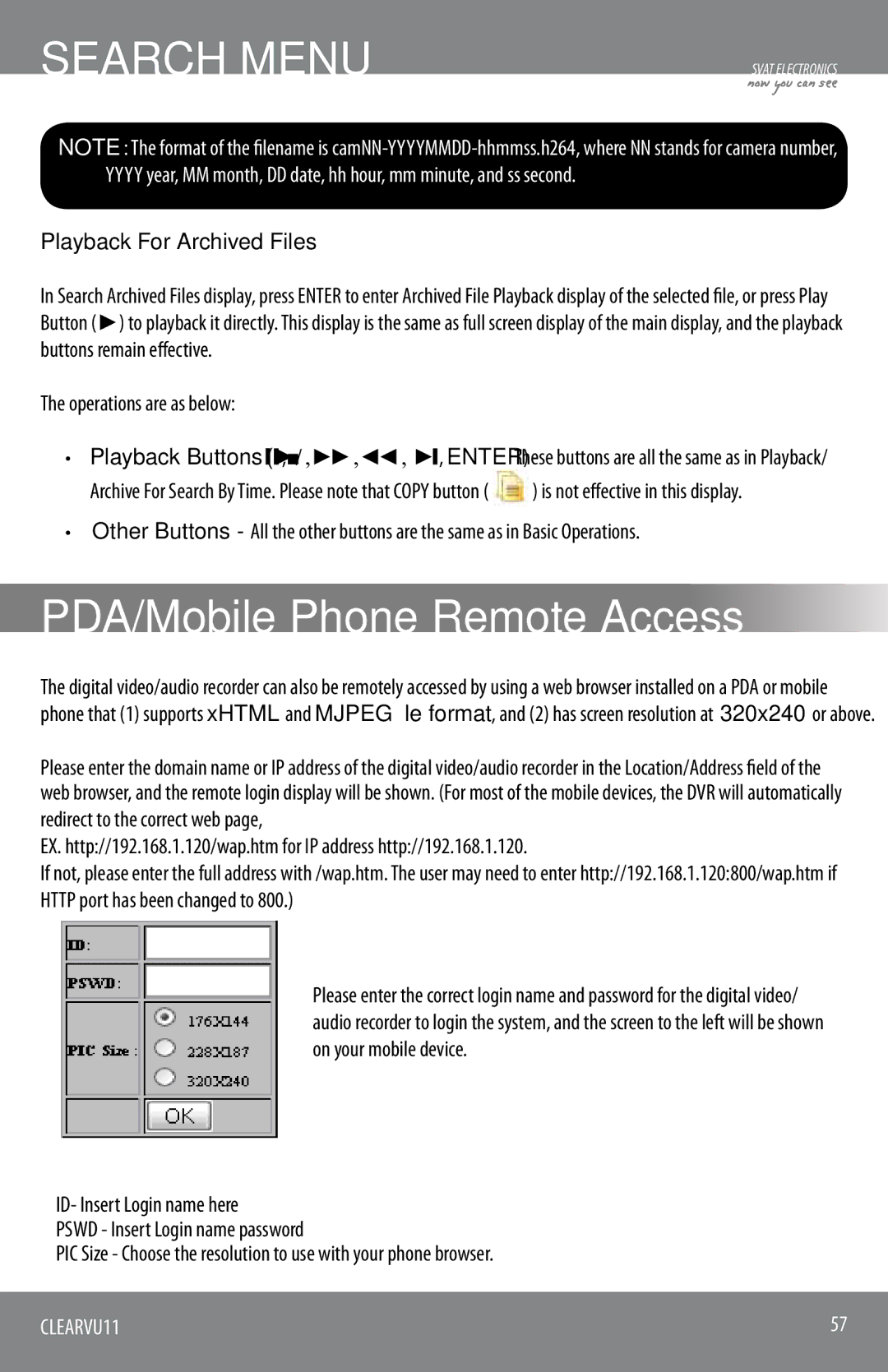 SVAT Electronics CLEARVU11 instruction manual PDA/Mobile Phone Remote Access, Playback For Archived Files 