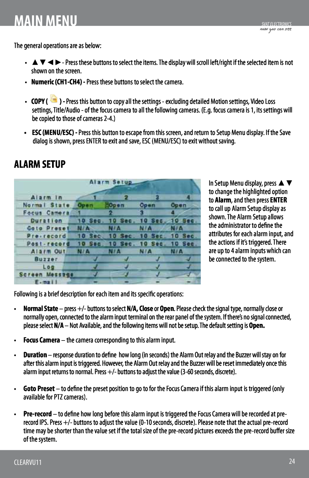 SVAT Electronics CLEARVU11 instruction manual Alarm Setup, Main Menu 