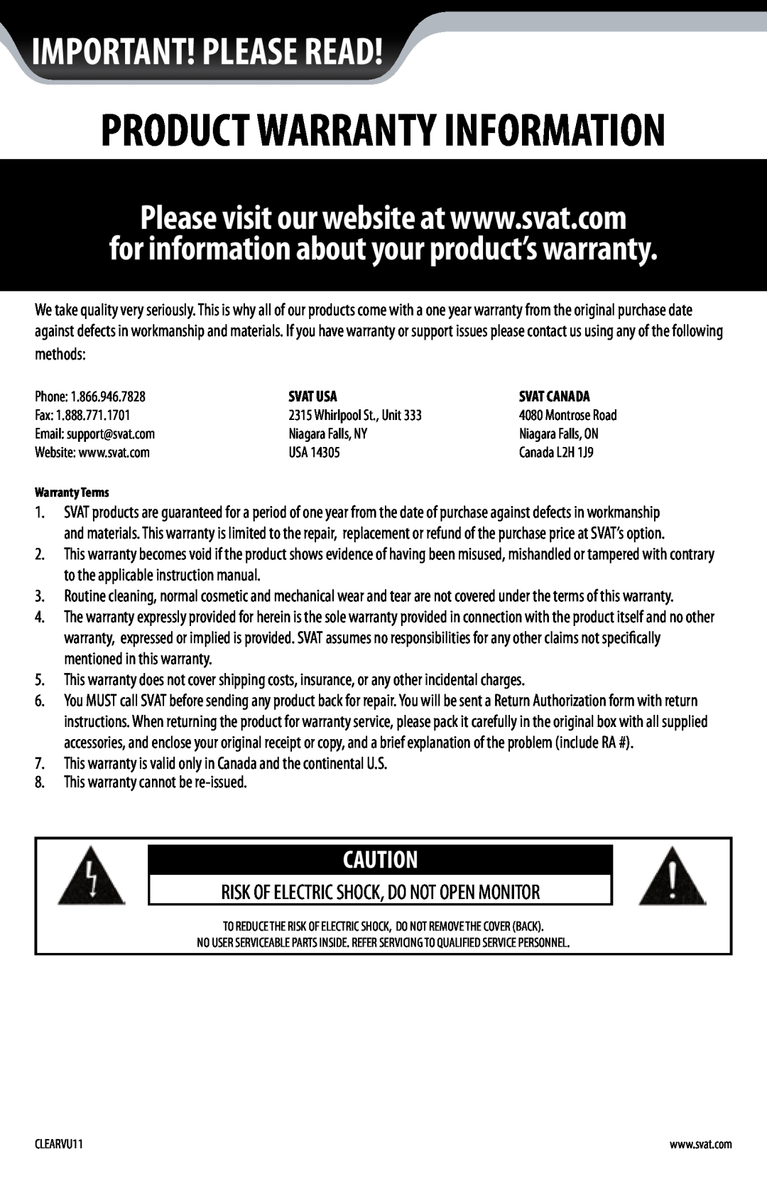 SVAT Electronics CLEARVU11 Important! Please Read, Product Warranty Information, methods, Svat Usa, Svat Canada 