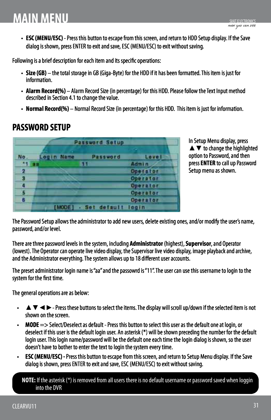 SVAT Electronics CLEARVU11 instruction manual Password Setup, Main Menu 