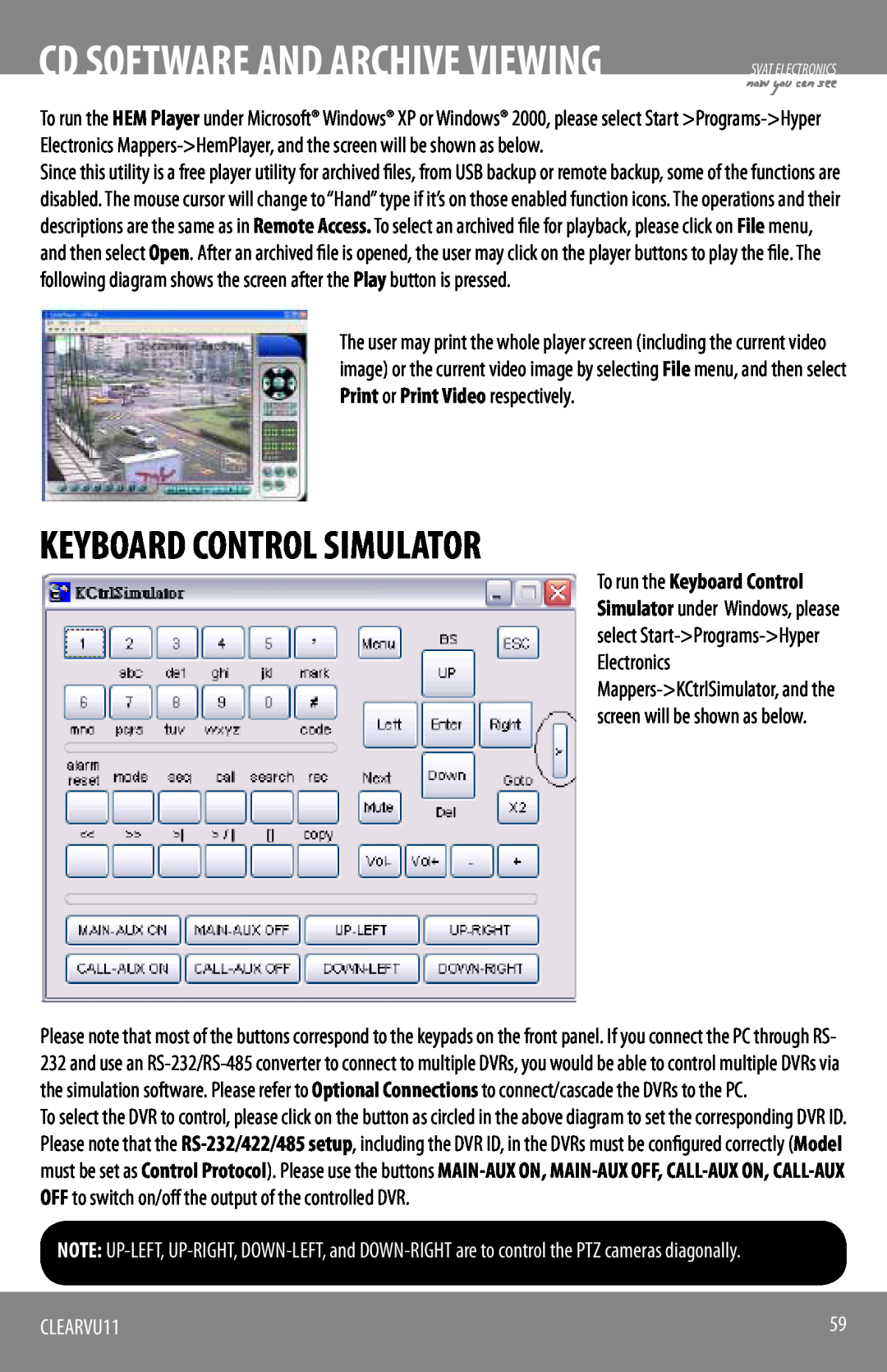 SVAT Electronics CLEARVU11 instruction manual Keyboard Control Simulator, Cd Software And Archive Viewing 