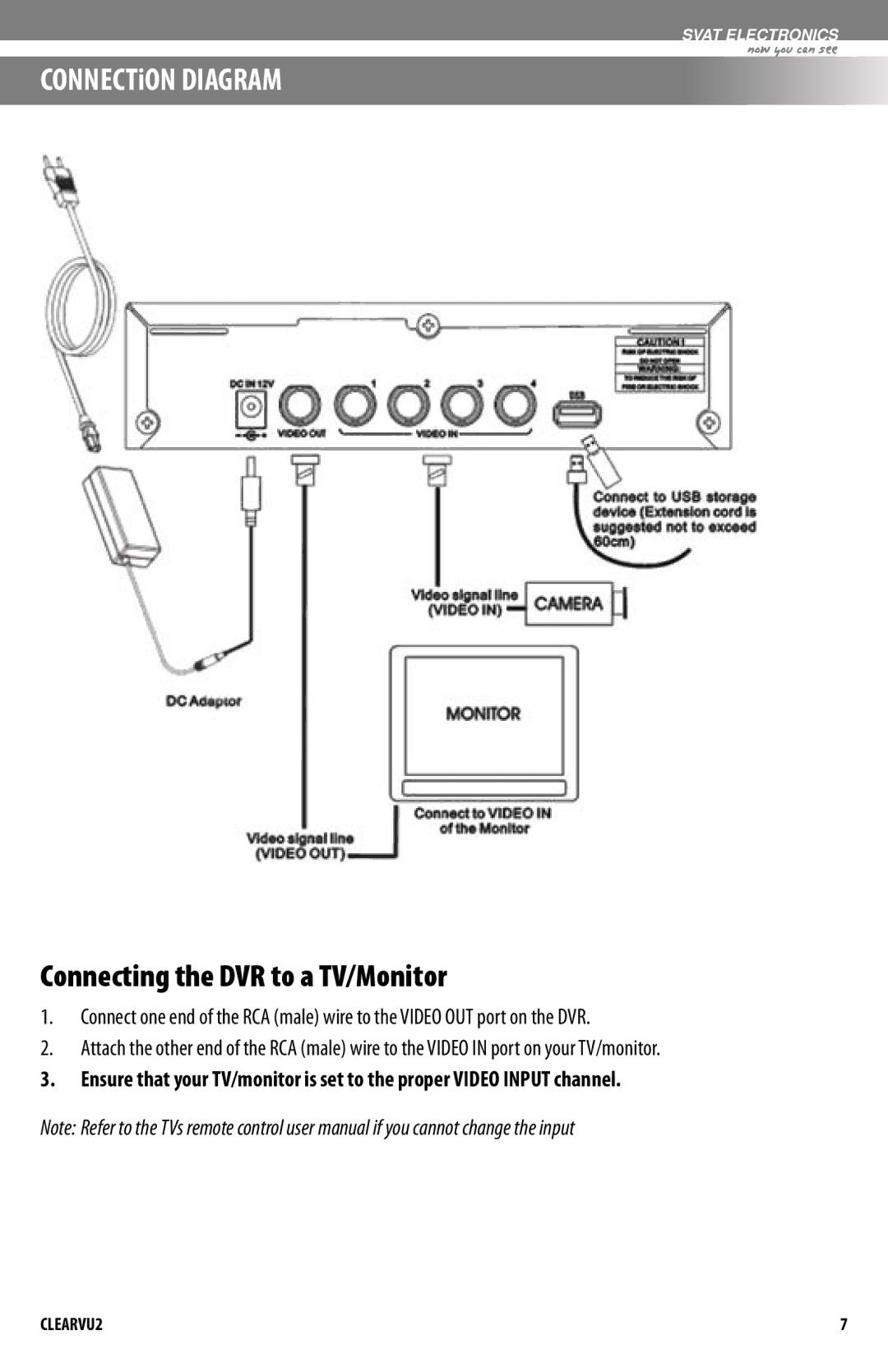 SVAT Electronics CLEARVU2 instruction manual CONNECTiON Diagram, Connecting the DVR to a TV/Monitor 