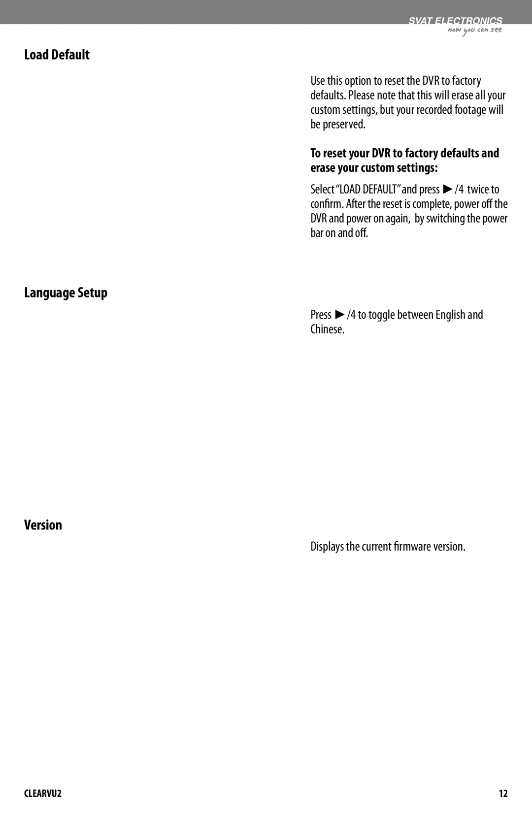 SVAT Electronics CLEARVU2 Load Default, Language Setup, Version, Chinese, Displays the current firmware version 