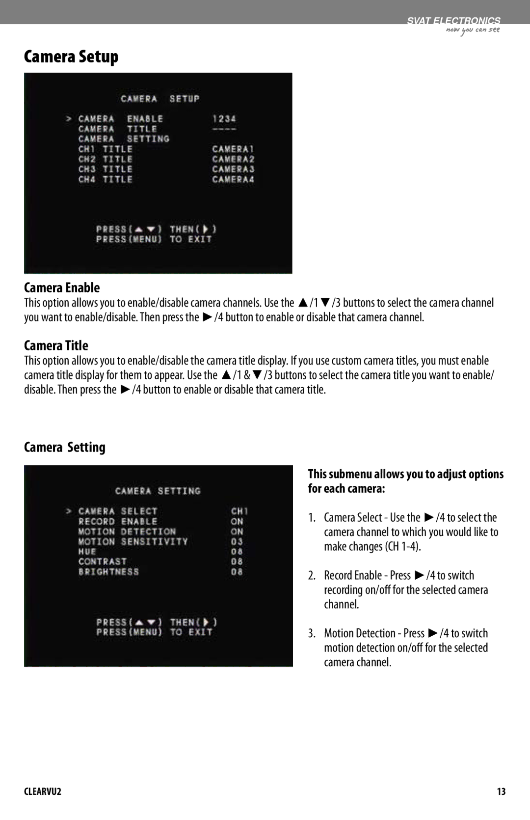 SVAT Electronics CLEARVU2 instruction manual Camera Setup, Camera Enable, Camera Title, Camera Setting 