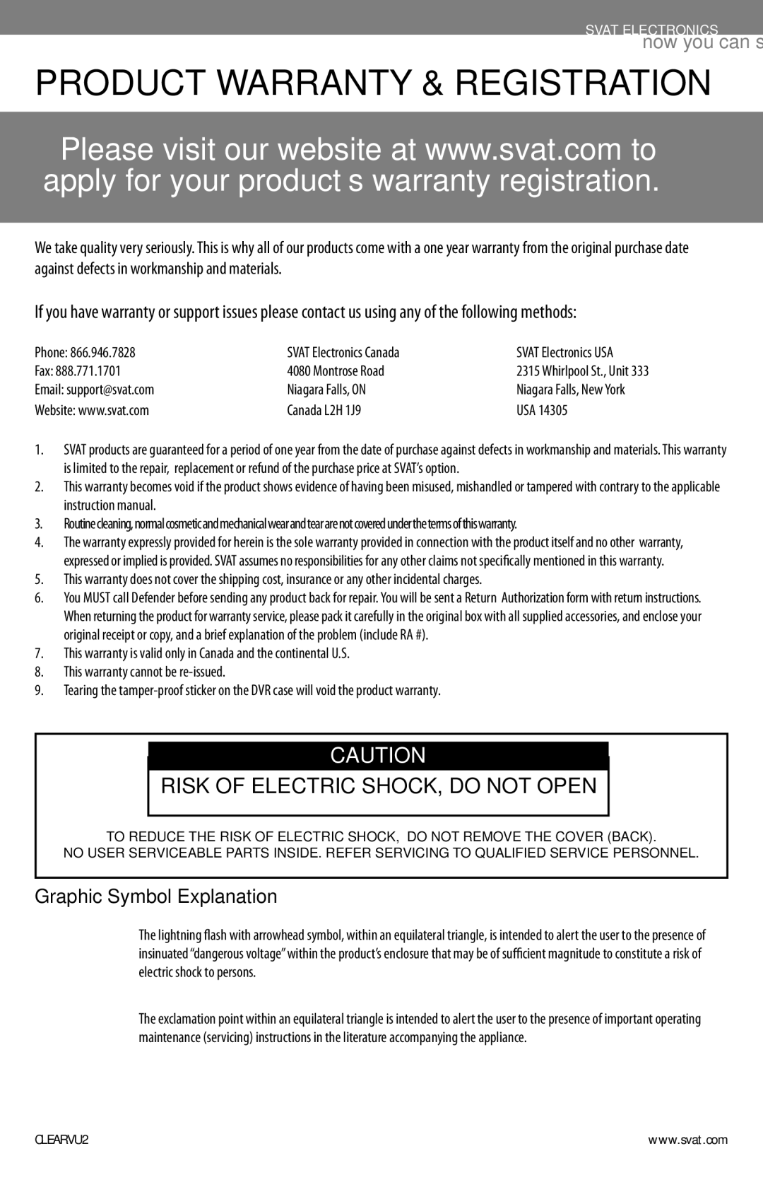 SVAT Electronics CLEARVU2 instruction manual Product Warranty & Registration 