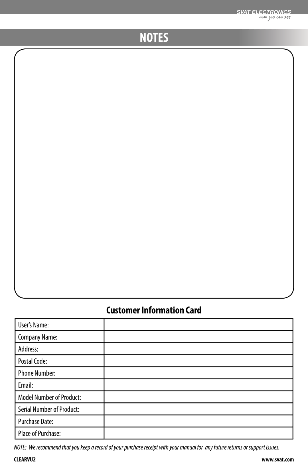 SVAT Electronics CLEARVU2 instruction manual Customer Information Card 