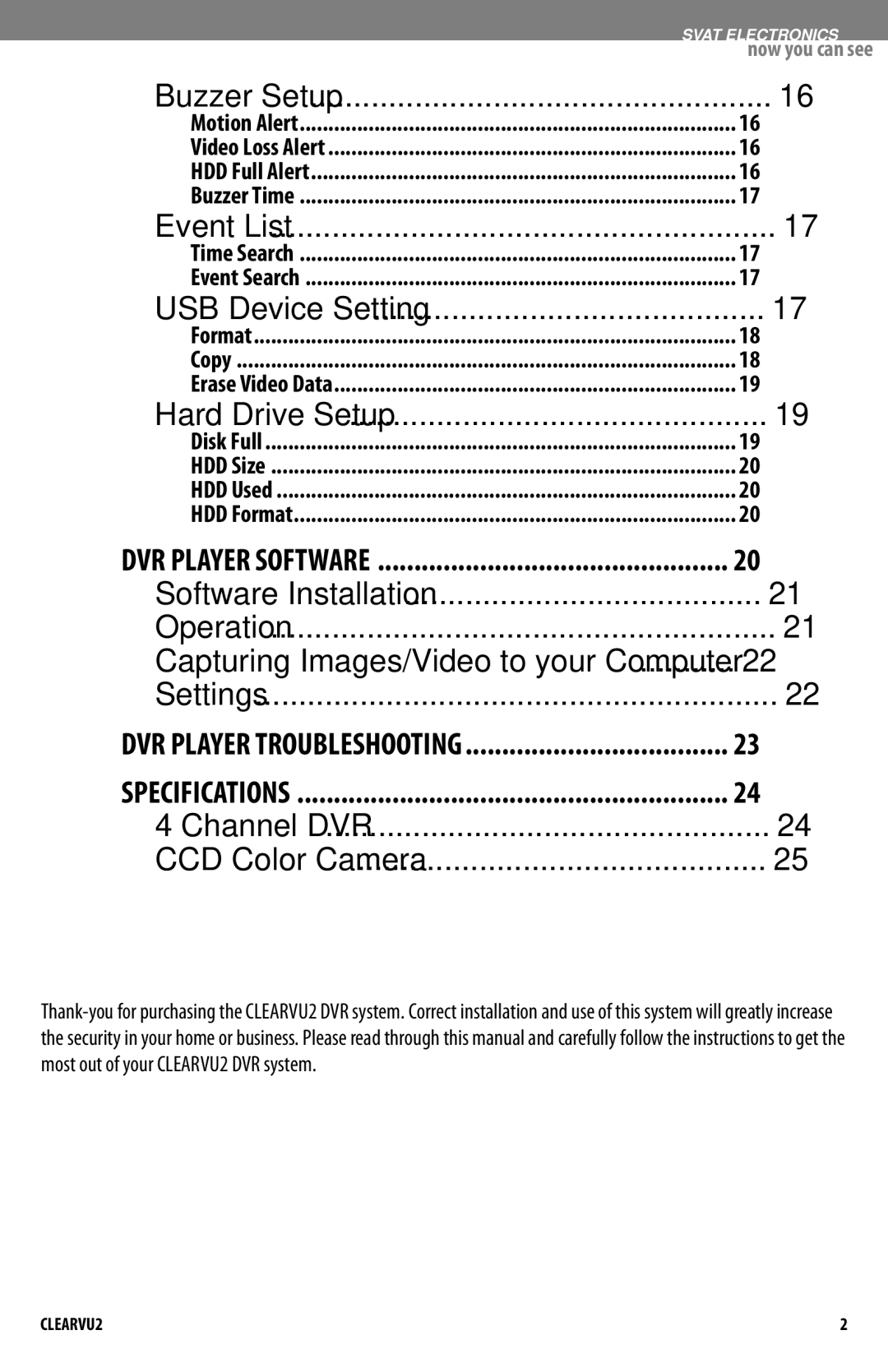 SVAT Electronics CLEARVU2 instruction manual Introduction, Buzzer Setup, Software Installation 