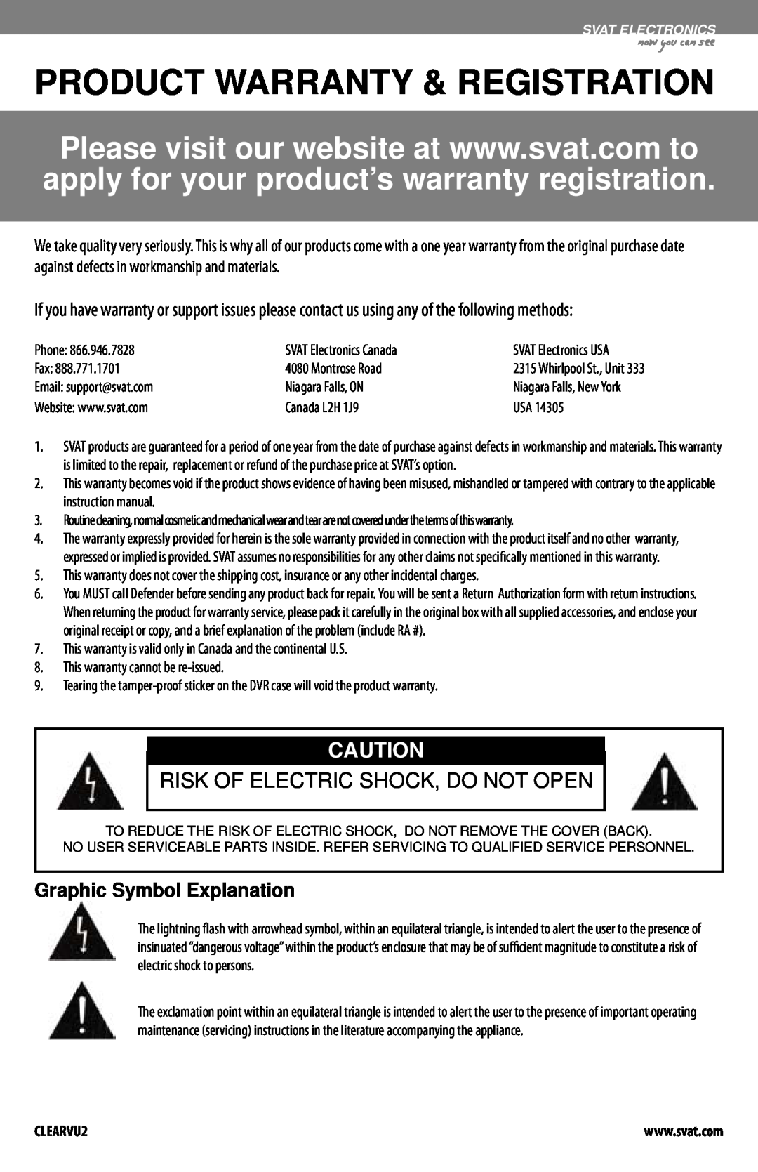 SVAT Electronics CLEARVU2 Product Warranty & Registration, Risk Of Electric Shock, Do Not Open, Graphic Symbol Explanation 