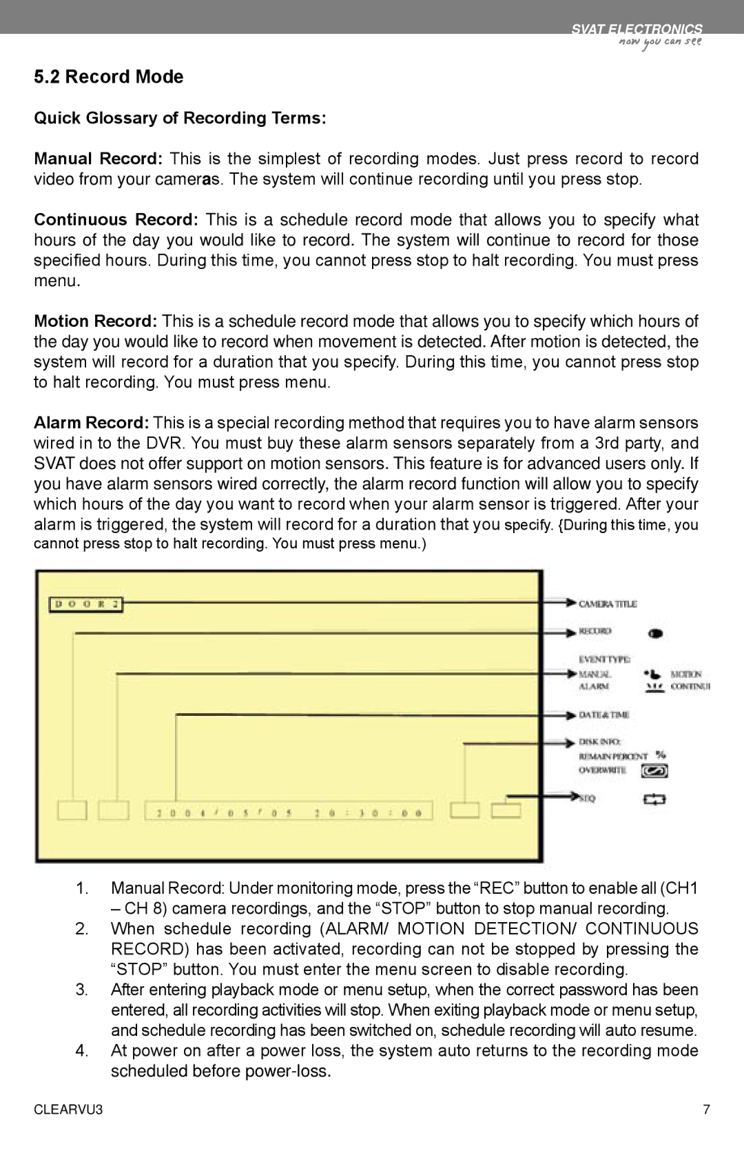 SVAT Electronics CLEARVU3 instruction manual Record Mode, Quick Glossary of Recording Terms 