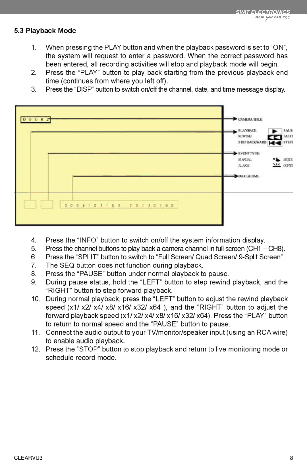 SVAT Electronics CLEARVU3 instruction manual Playback Mode 