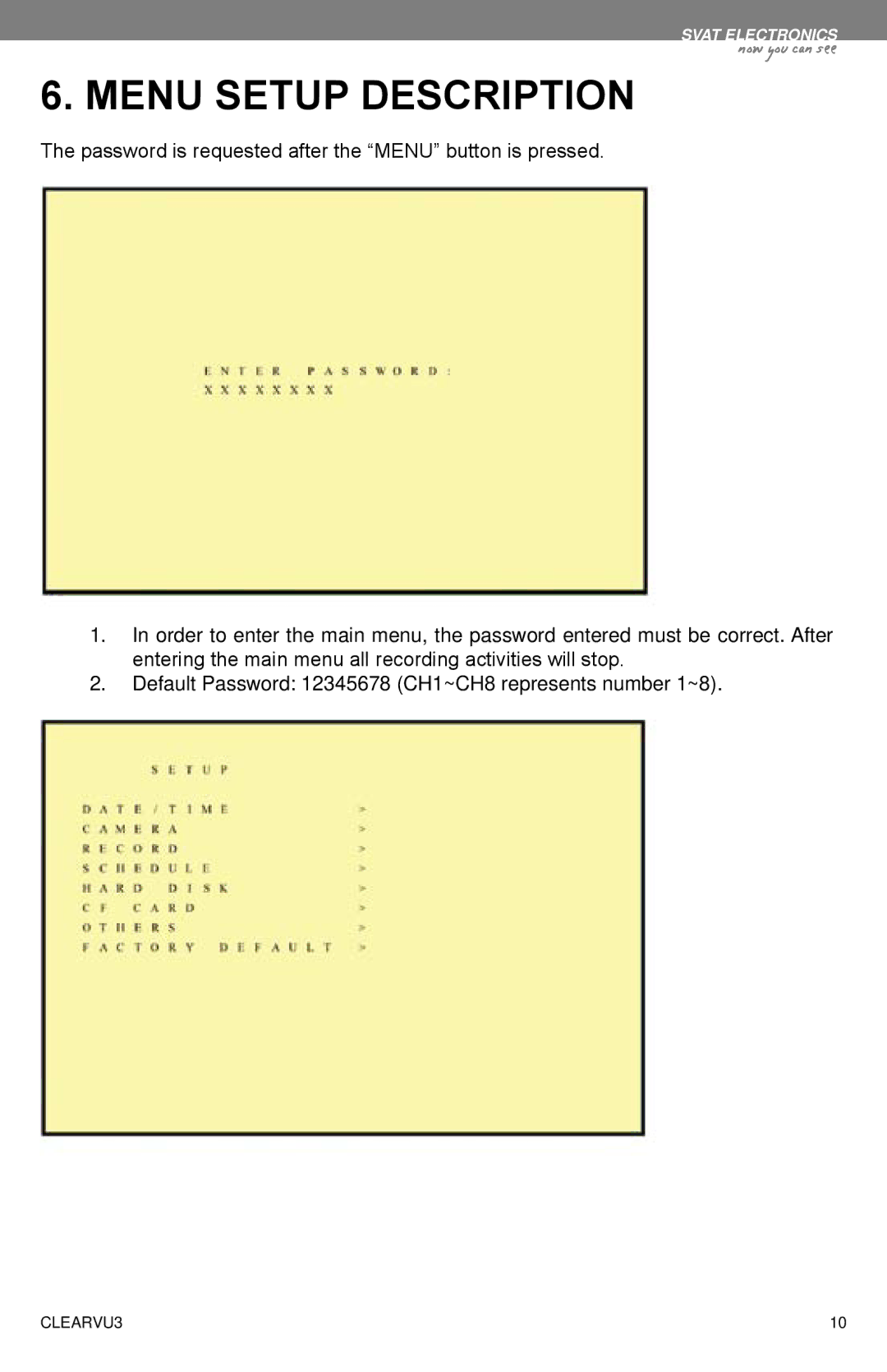 SVAT Electronics CLEARVU3 instruction manual Menu Setup Description 