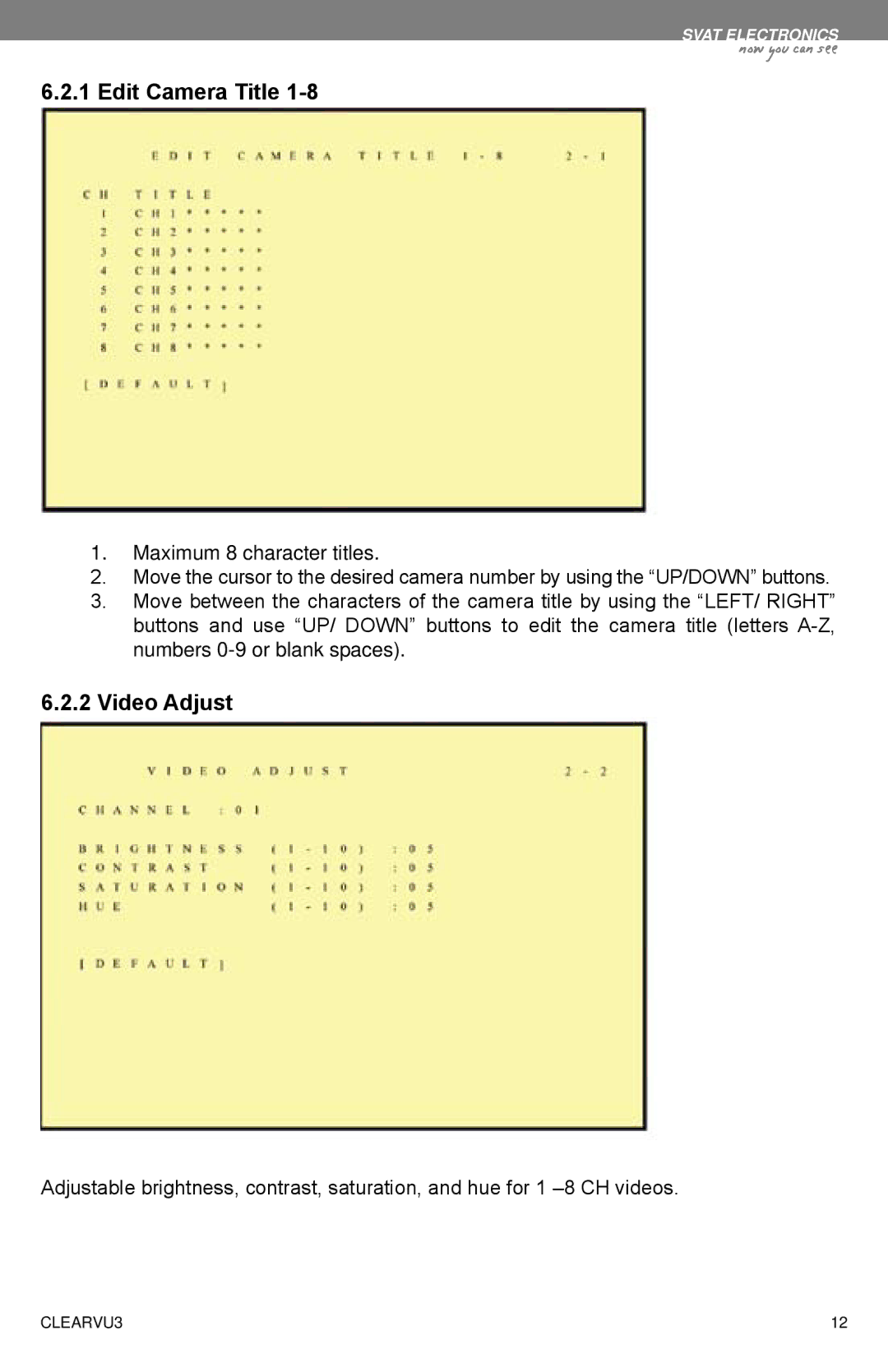 SVAT Electronics CLEARVU3 instruction manual Edit Camera Title, Video Adjust 