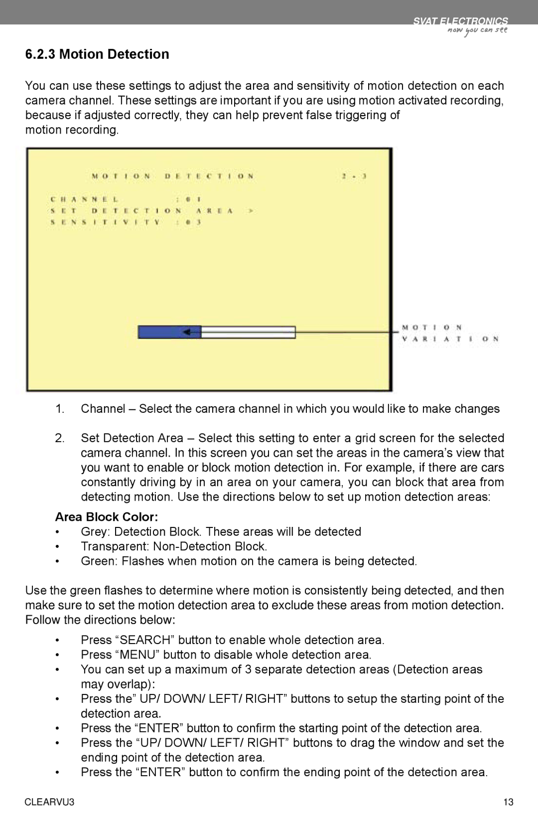 SVAT Electronics CLEARVU3 instruction manual Motion Detection, Area Block Color 