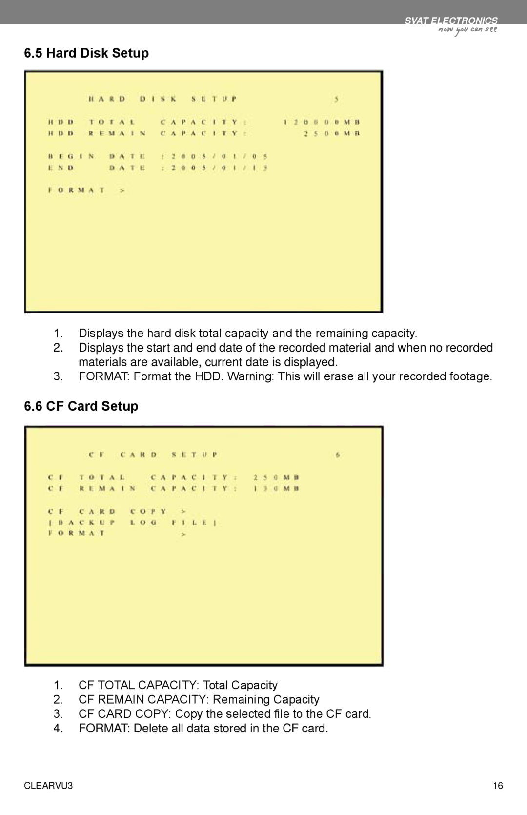 SVAT Electronics CLEARVU3 instruction manual Hard Disk Setup, CF Card Setup 