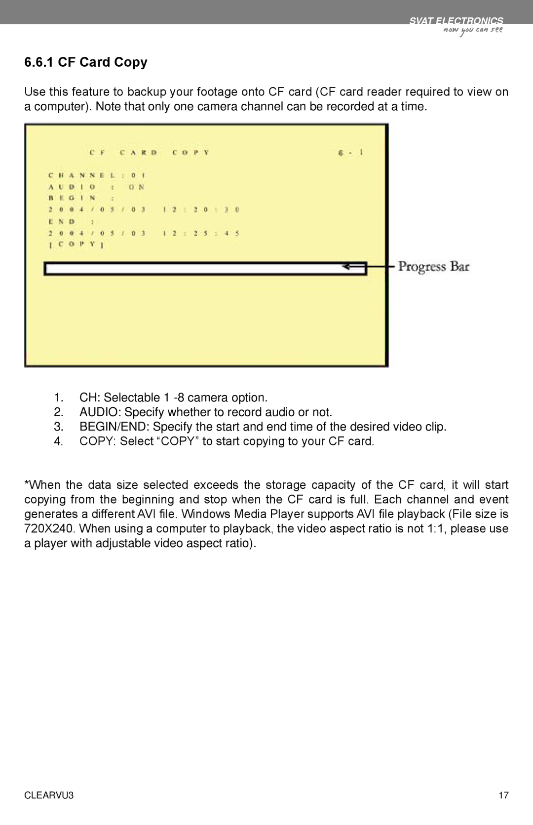 SVAT Electronics CLEARVU3 instruction manual CF Card Copy 