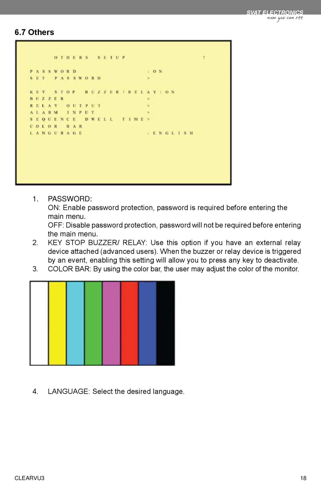 SVAT Electronics CLEARVU3 instruction manual Others, Password 