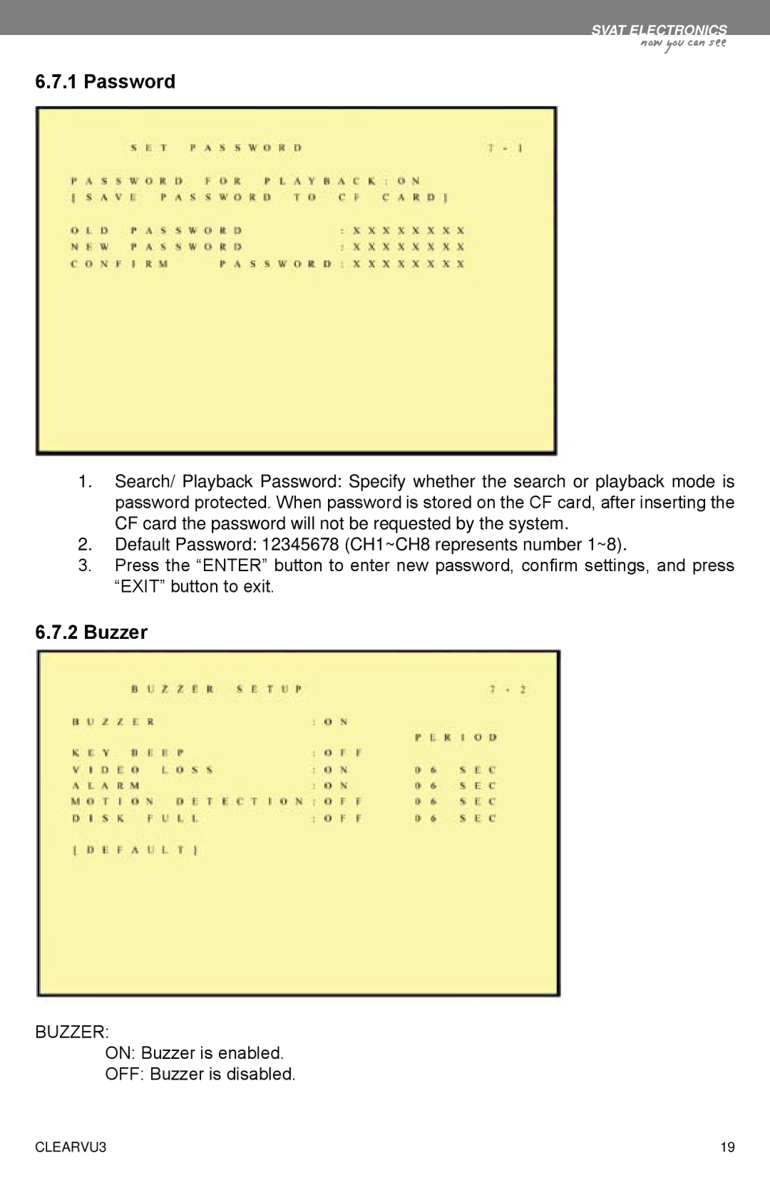 SVAT Electronics CLEARVU3 instruction manual Password, Buzzer 