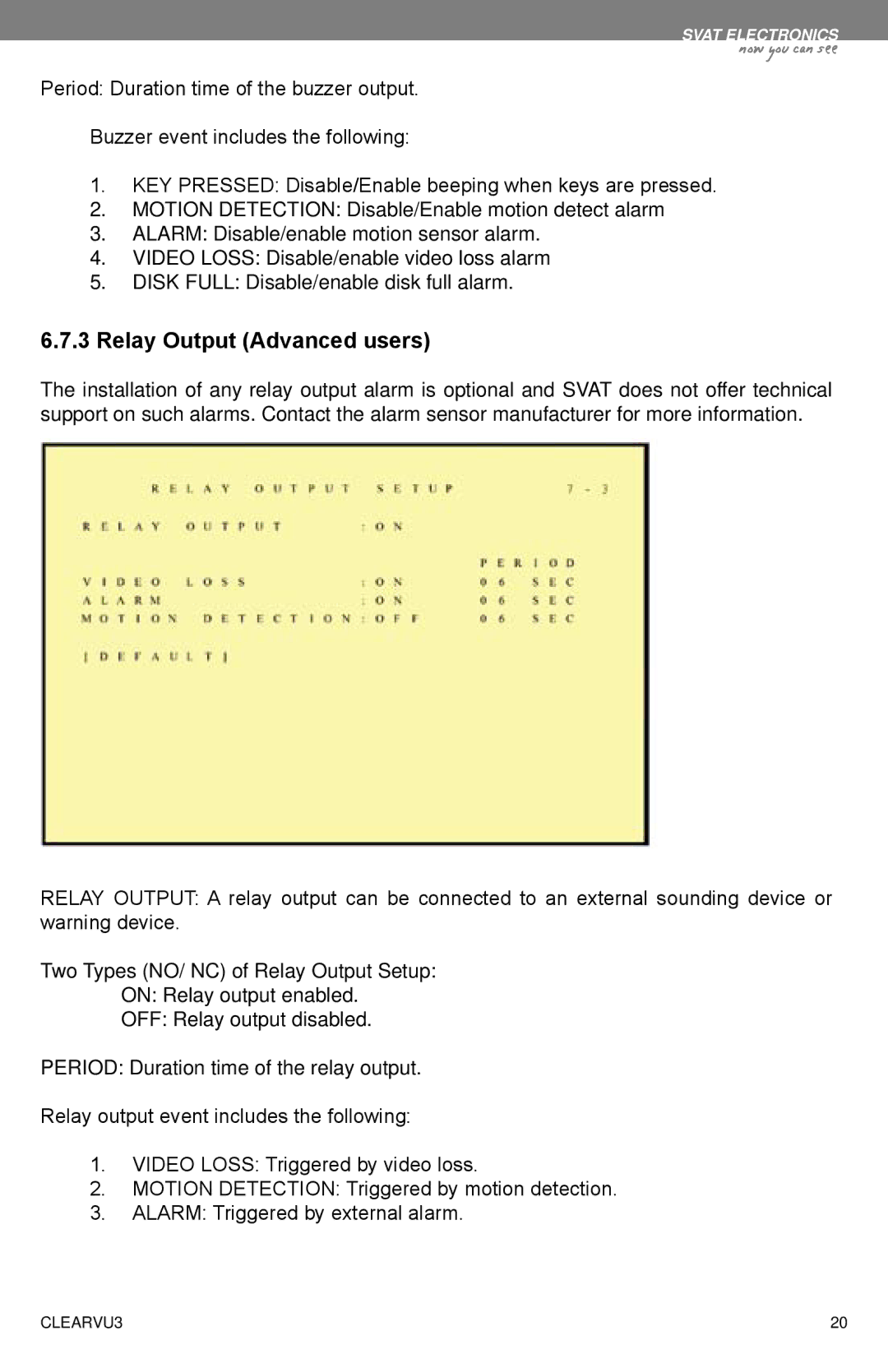 SVAT Electronics CLEARVU3 instruction manual Relay Output Advanced users 