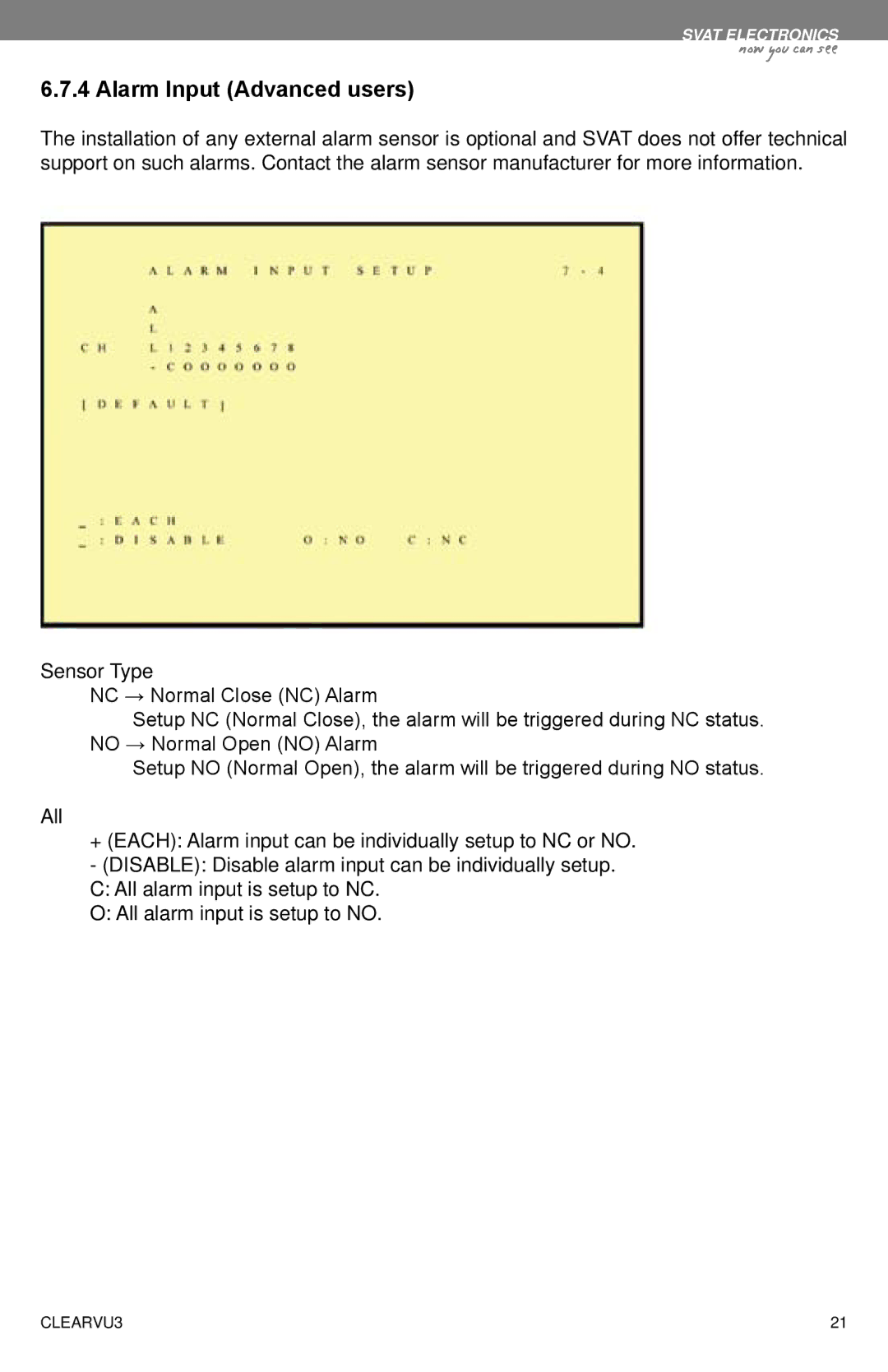 SVAT Electronics CLEARVU3 instruction manual Alarm Input Advanced users 
