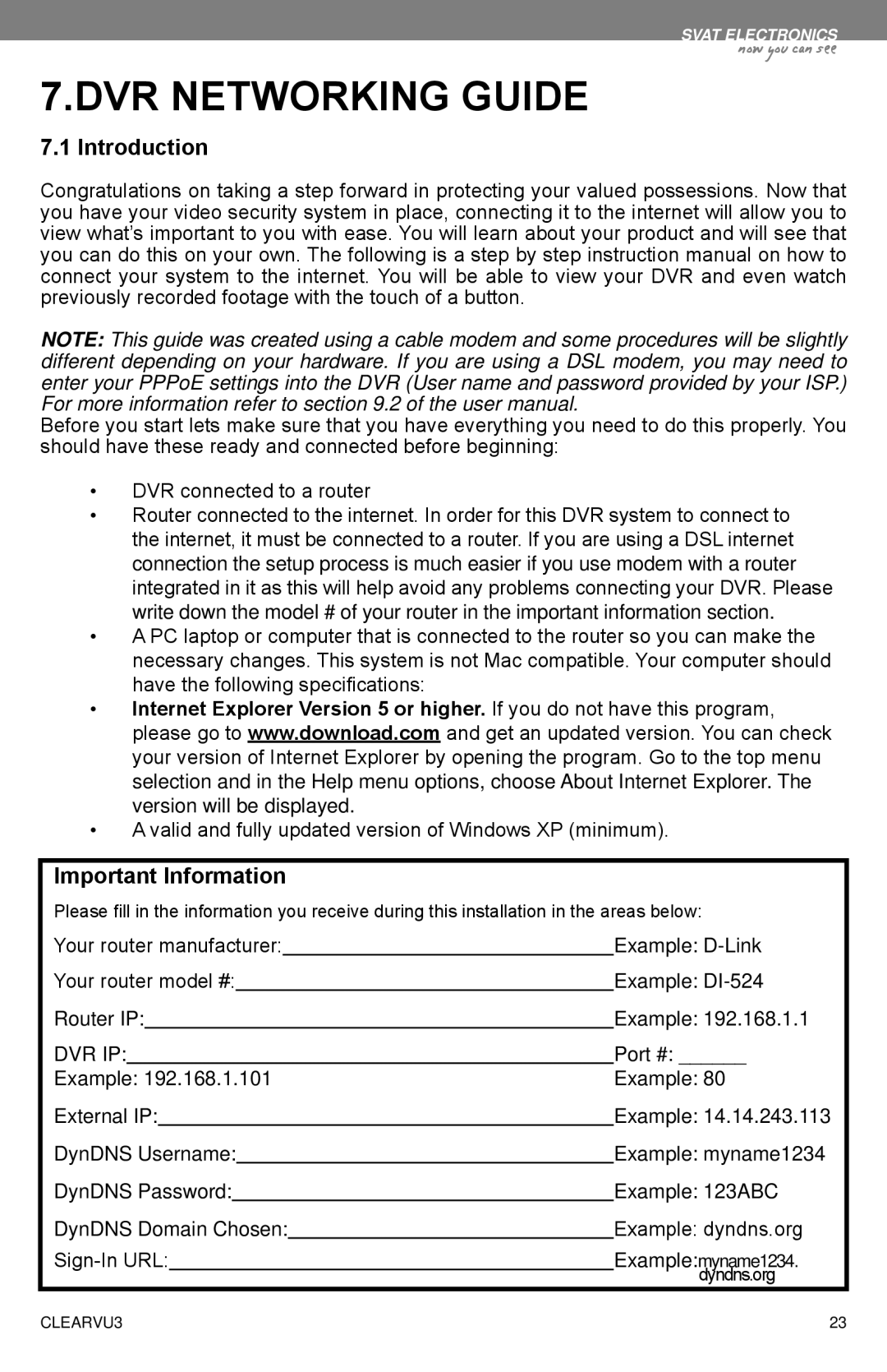 SVAT Electronics CLEARVU3 instruction manual DVR Networking Guide, Introduction, Important Information, Dvr Ip 